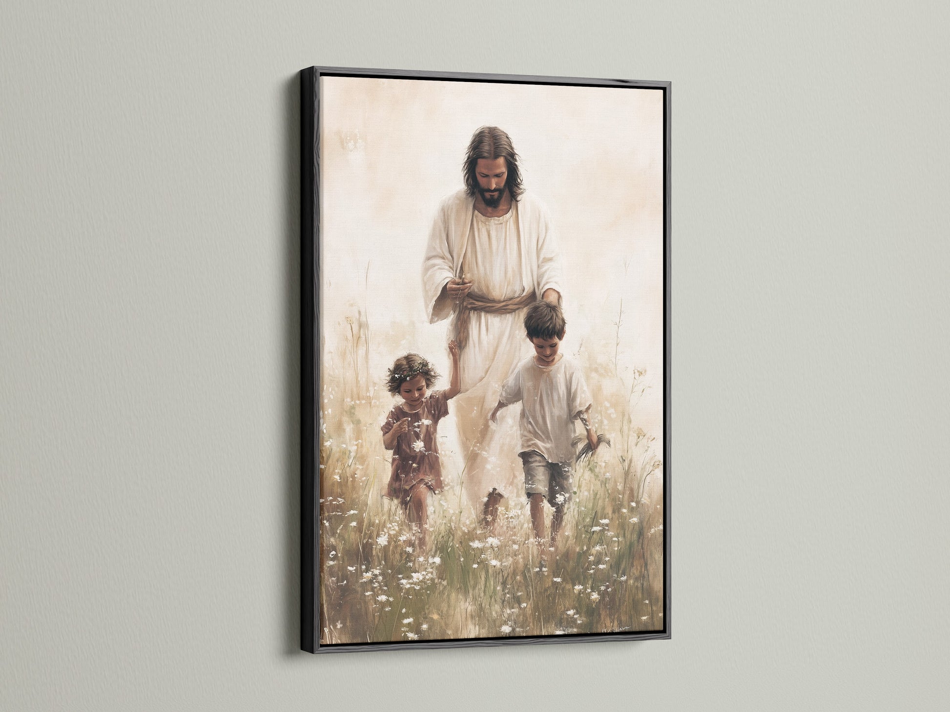 Artwork of Jesus Christ walking with two children is showcased in a sleek black frame. The black frame adds a touch of sophistication. It makes the artwork pop. Ideal for contemporary spaces. Explore the elegance of black framing.