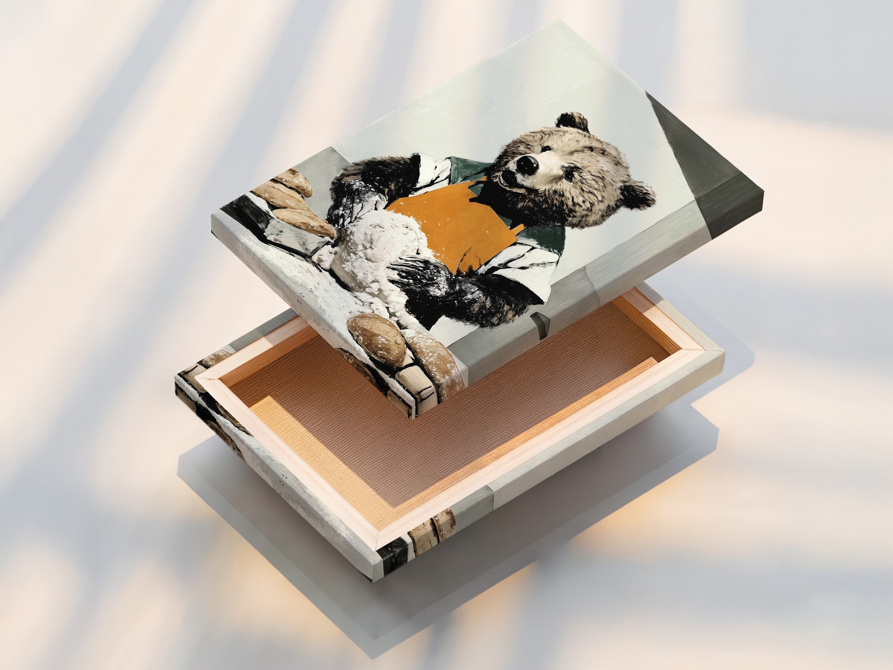 A stretched canvas print of the bear baker artwork. The stretched canvas provides a ready-to-hang solution. It offers a professional gallery look for your kitchen or dining room. Transform your space with this rustic wall art today.