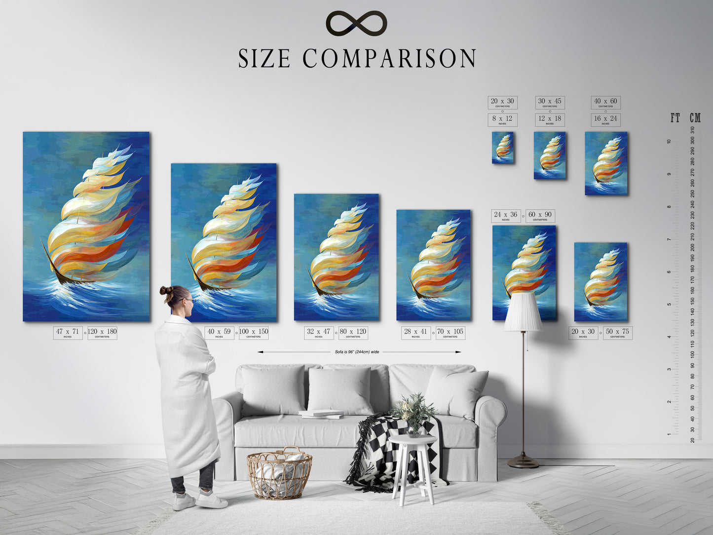 A size comparison chart is shown in an interior setting. It displays various sizes of abstract sailboat artwork. Visualize how the nautical print fits in your space. Choose the perfect size for your coastal wall decor. Ensure the artwork complements your room's dimensions and style.