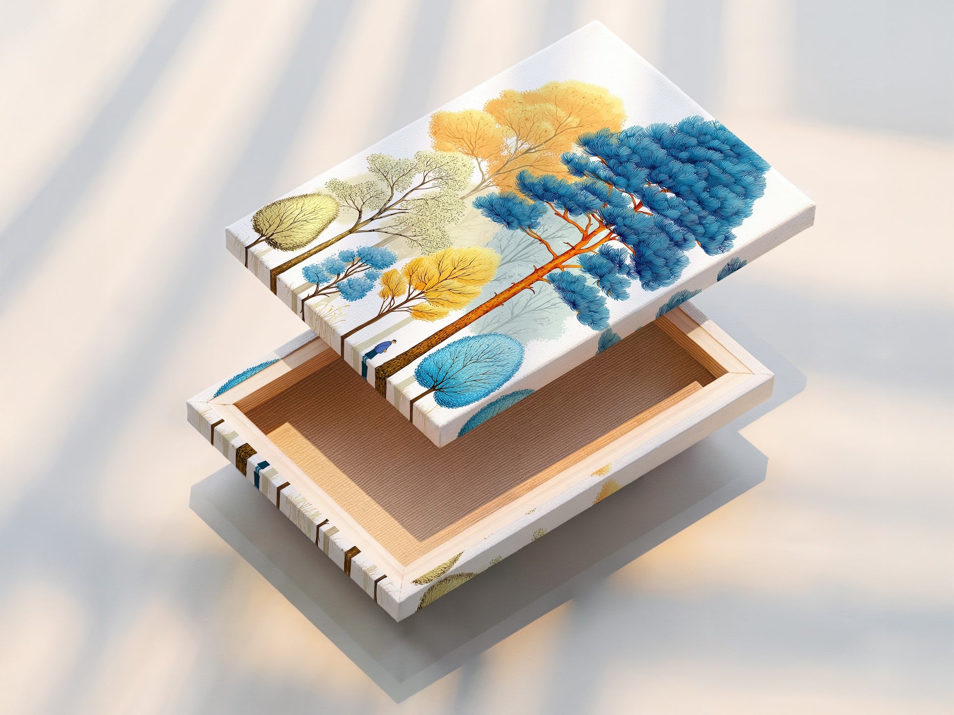 A stretched canvas print of a colorful forest artwork. The modern woodland art creates a vibrant focal point. The abstract tree artwork is perfect for any room. Add a touch of nature to your home or office with this stunning canvas print.