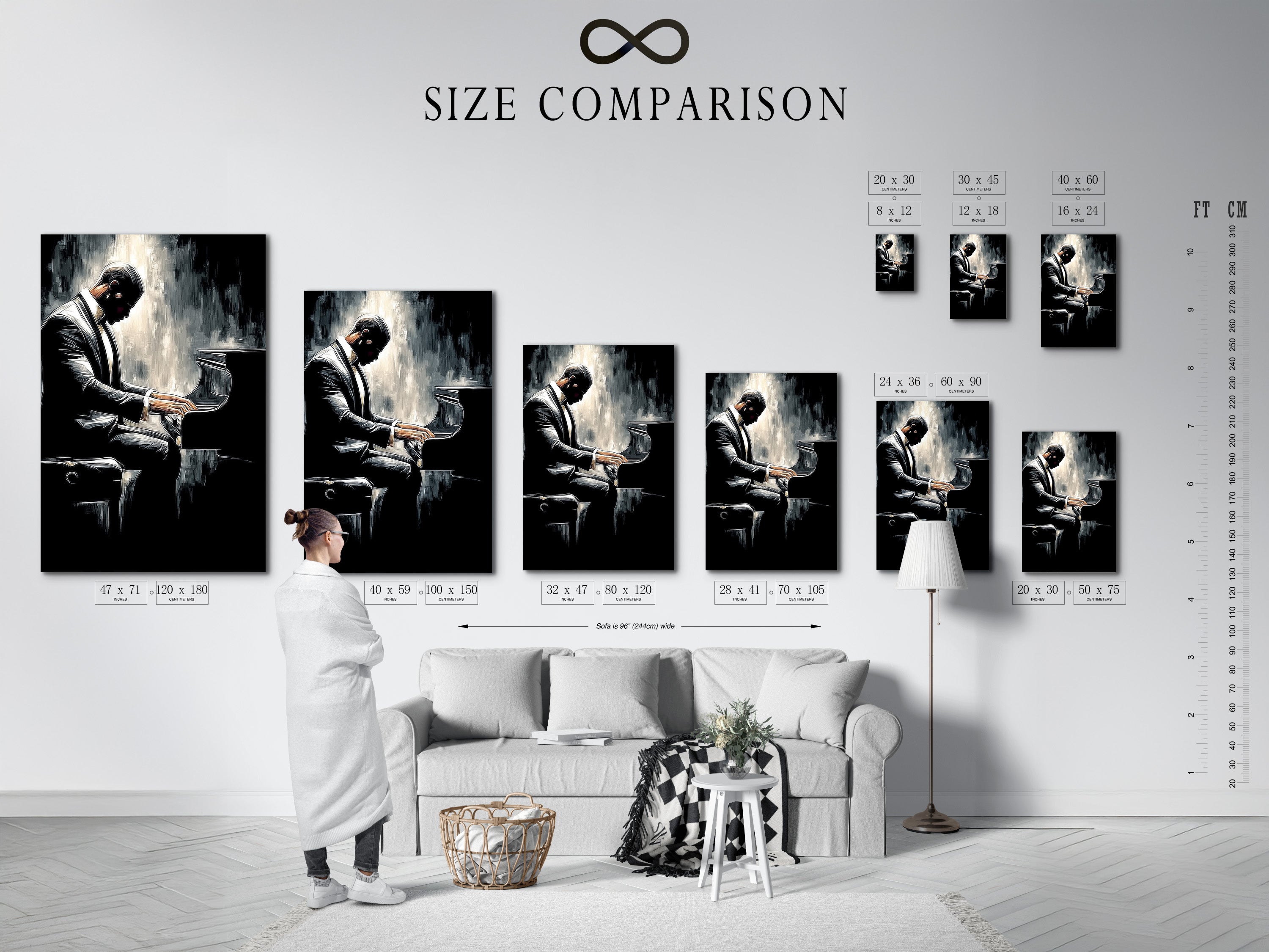 A size comparison chart in an interior is shown. Find the perfect fit with our size comparison chart. It helps you visualize artwork dimensions. Choose the ideal size for your space. The chart simplifies your selection process. The chart ensures perfect artwork placement.