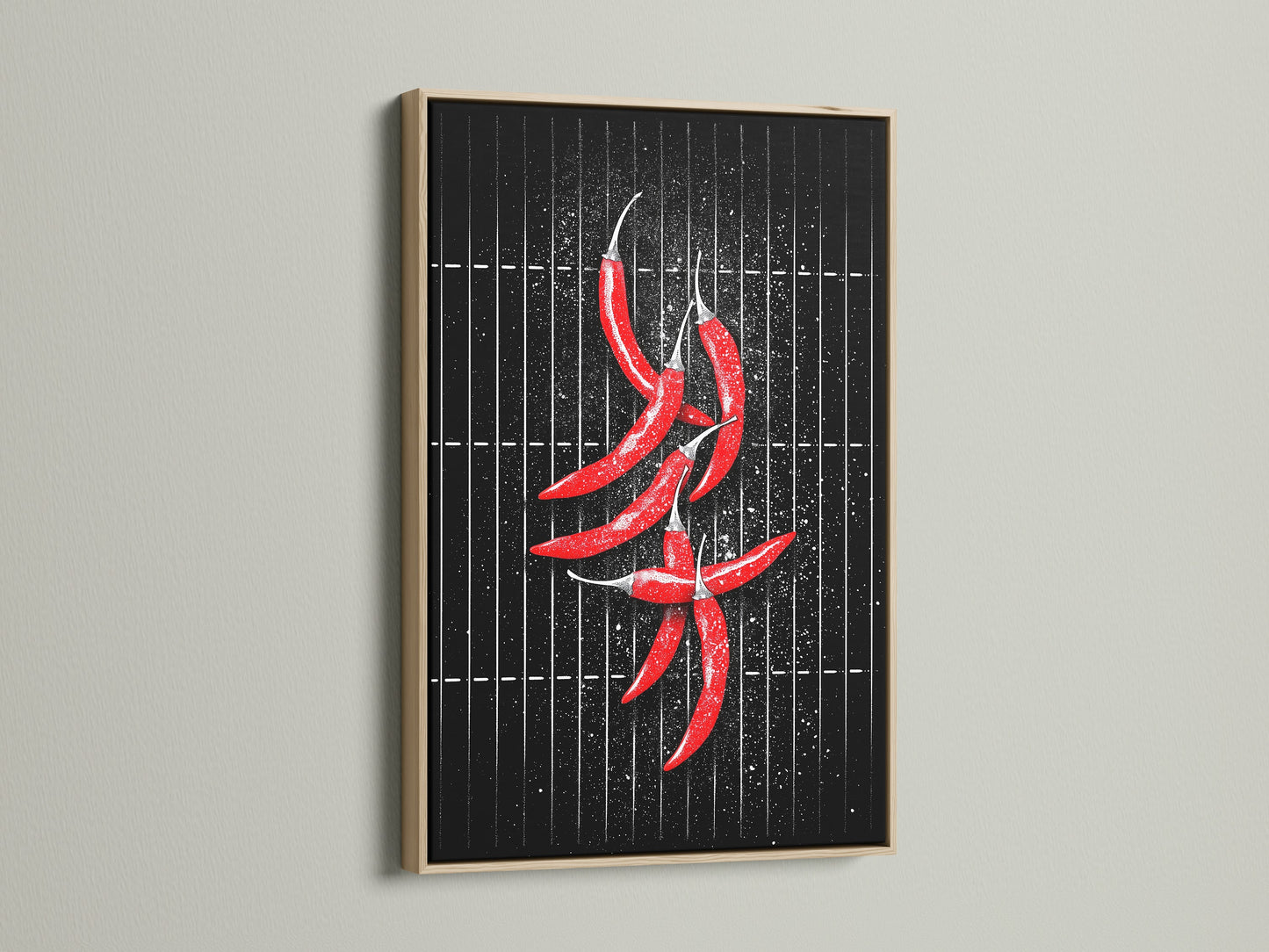 Elevate your dining room art with a red chili print in an oak frame. This modern kitchen wall art is a great foodie gift. The spicy food art adds a contemporary touch.