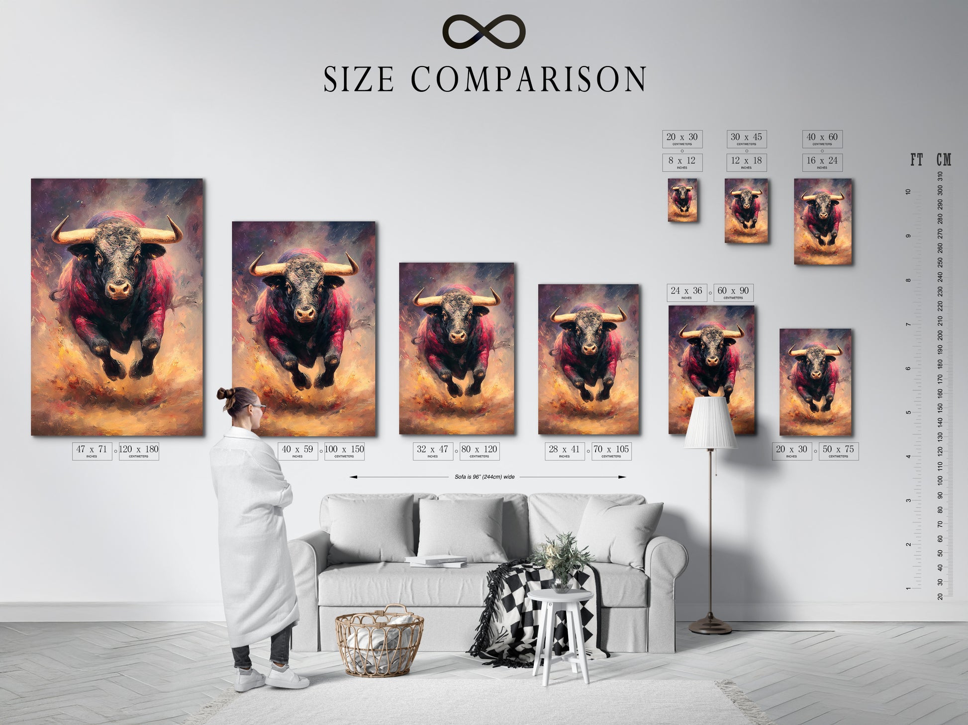 A size comparison chart displayed in a home interior. It helps visualize artwork dimensions in a room. The chart assists in choosing the perfect size artwork. Use our chart to find the right size for your space.
