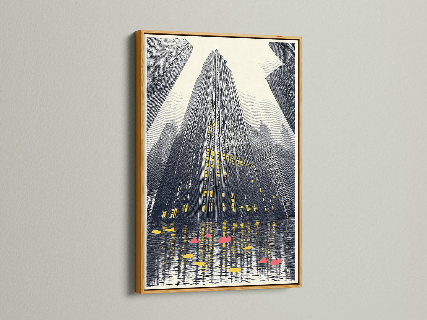 A cityscape artwork is elegantly showcased in a gold frame. The skyscraper wall art brings a touch of luxury. This modern architectural piece is perfect for elevating your home or office decor. Suits minimalist Scandinavian or eclectic styles.