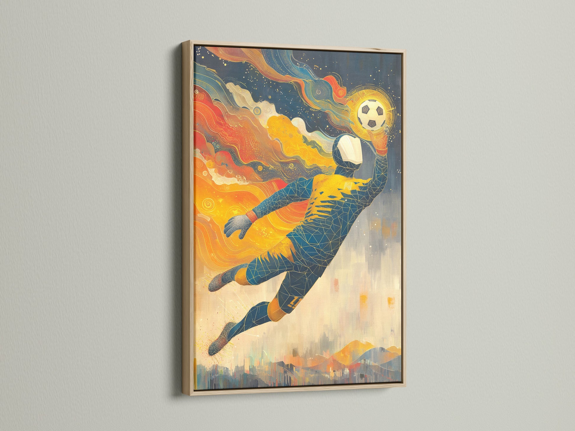 Check out this soccer goalkeeper artwork in an oak frame. This sports wall decor brings energy to your space. The football player poster is ideal for a boys room. This athletic artwork is a great addition to teen room decor or a sports-themed space.