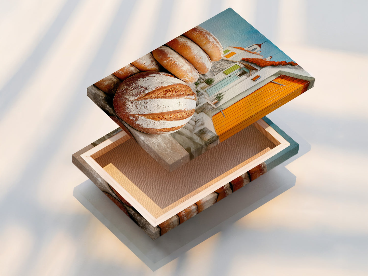 Stretched canvas print featuring fresh bread wall art. This rustic artwork elevates your kitchen. Perfect for cafe decor or dining room wall decor. It enhances farmhouse country or French-inspired styles. The piece is ideal as kitchen prints.