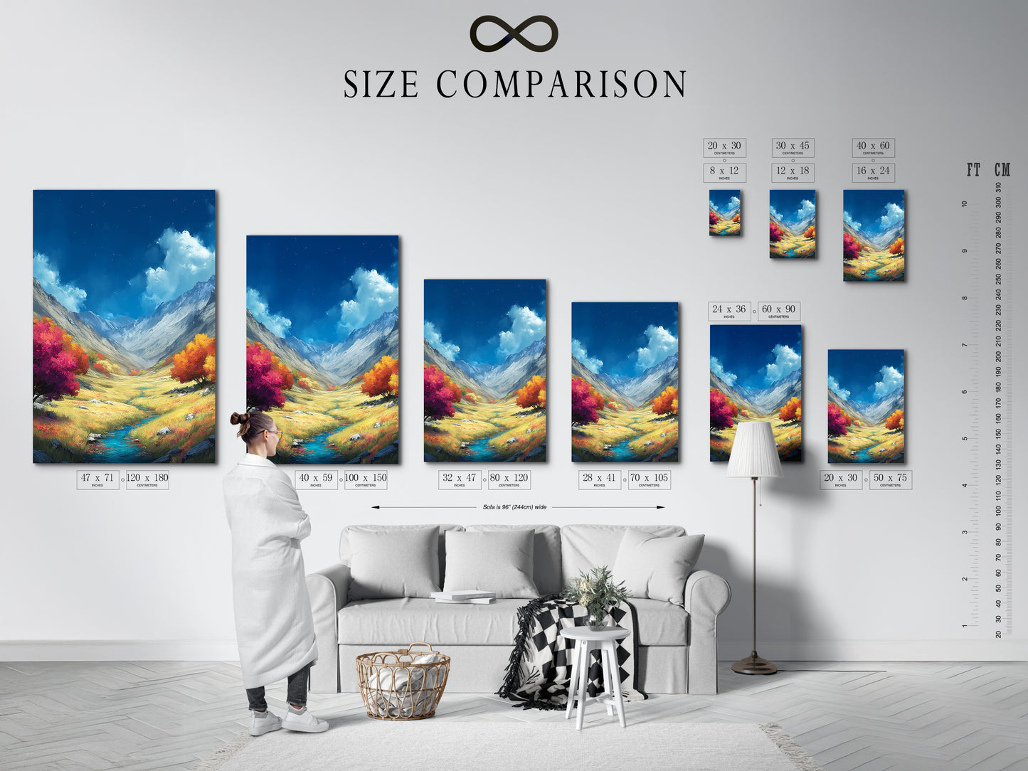 A size comparison chart in an interior setting. The chart helps visualize artwork dimensions. It shows how a Mountain Valley canvas print fits. Sizes range from small to large. Perfect for planning your home decor. Find the ideal size for your space with this helpful chart.