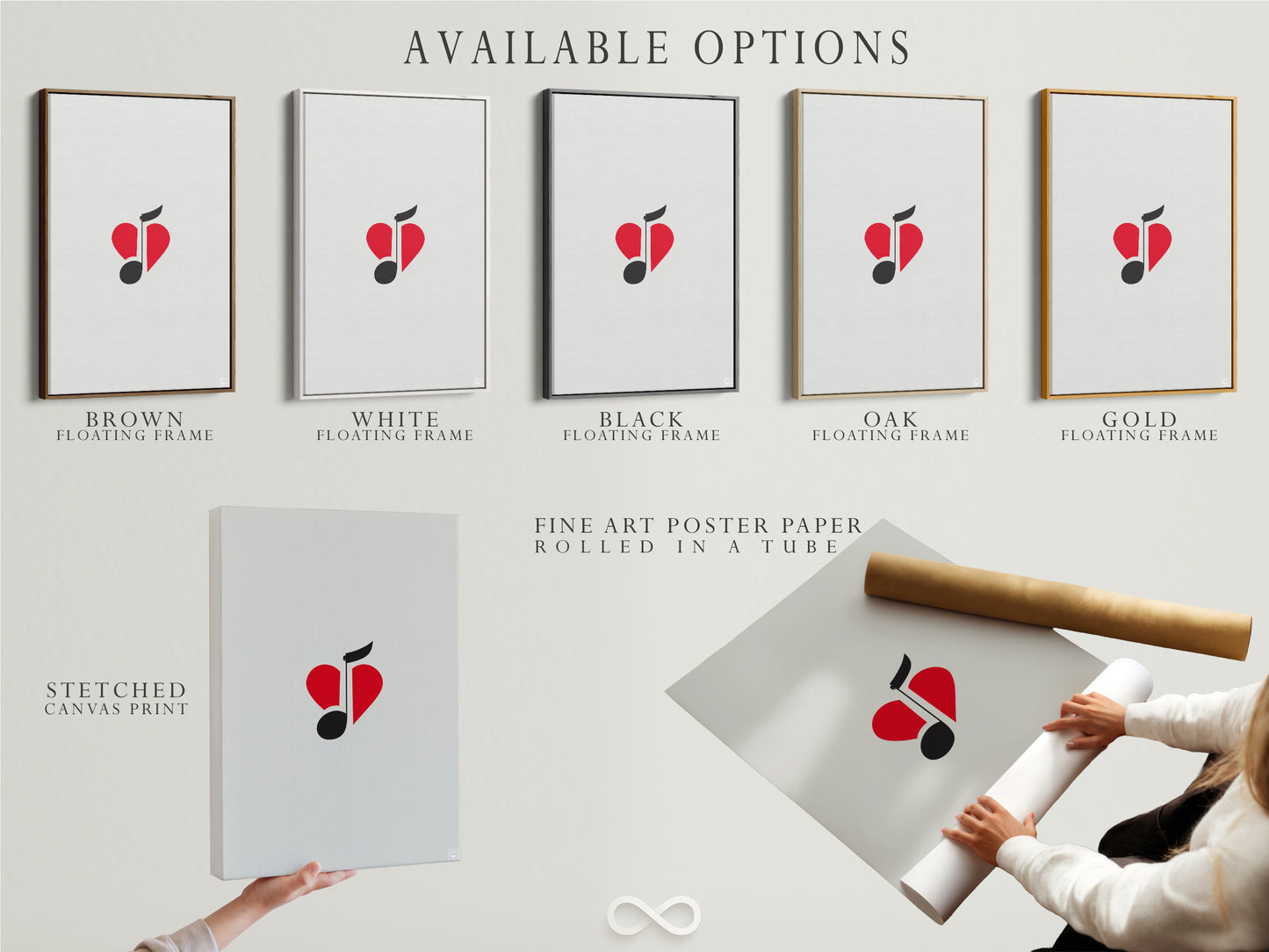 Available options include a stretched canvas print. Also a fine art poster paper and a floating frame. Choose the perfect style for your music note heart art. Elevate your space with this modern artwork.