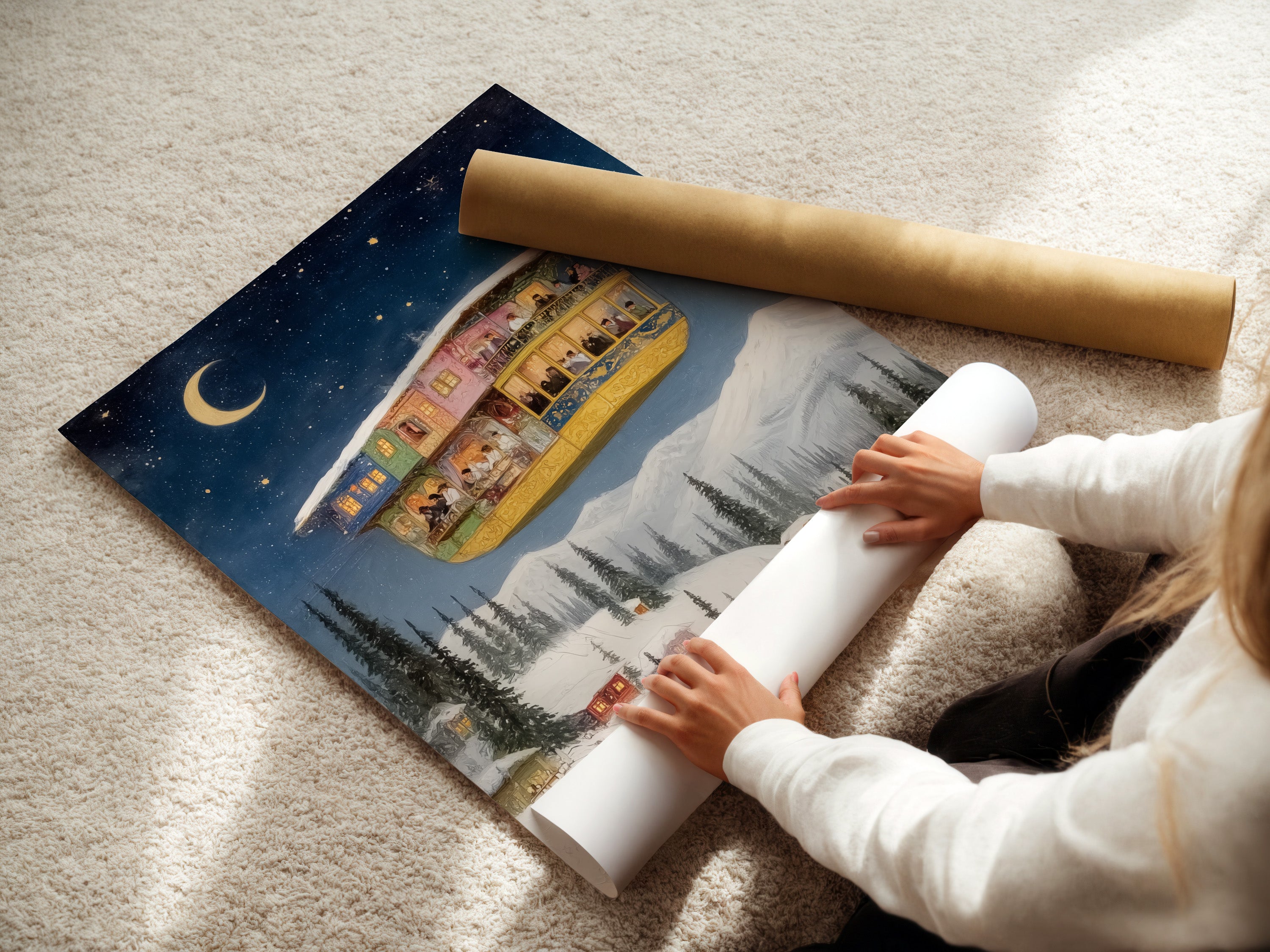 Watch as a woman rolls a fine art poster paper featuring whimsical winter fantasy artwork. The fantasy house and starry night design are perfect for adding a touch of magic to any room. The fine art poster paper ensures high-quality reproduction. It is ideal for art enthusiasts and those seeking unique wall decor.