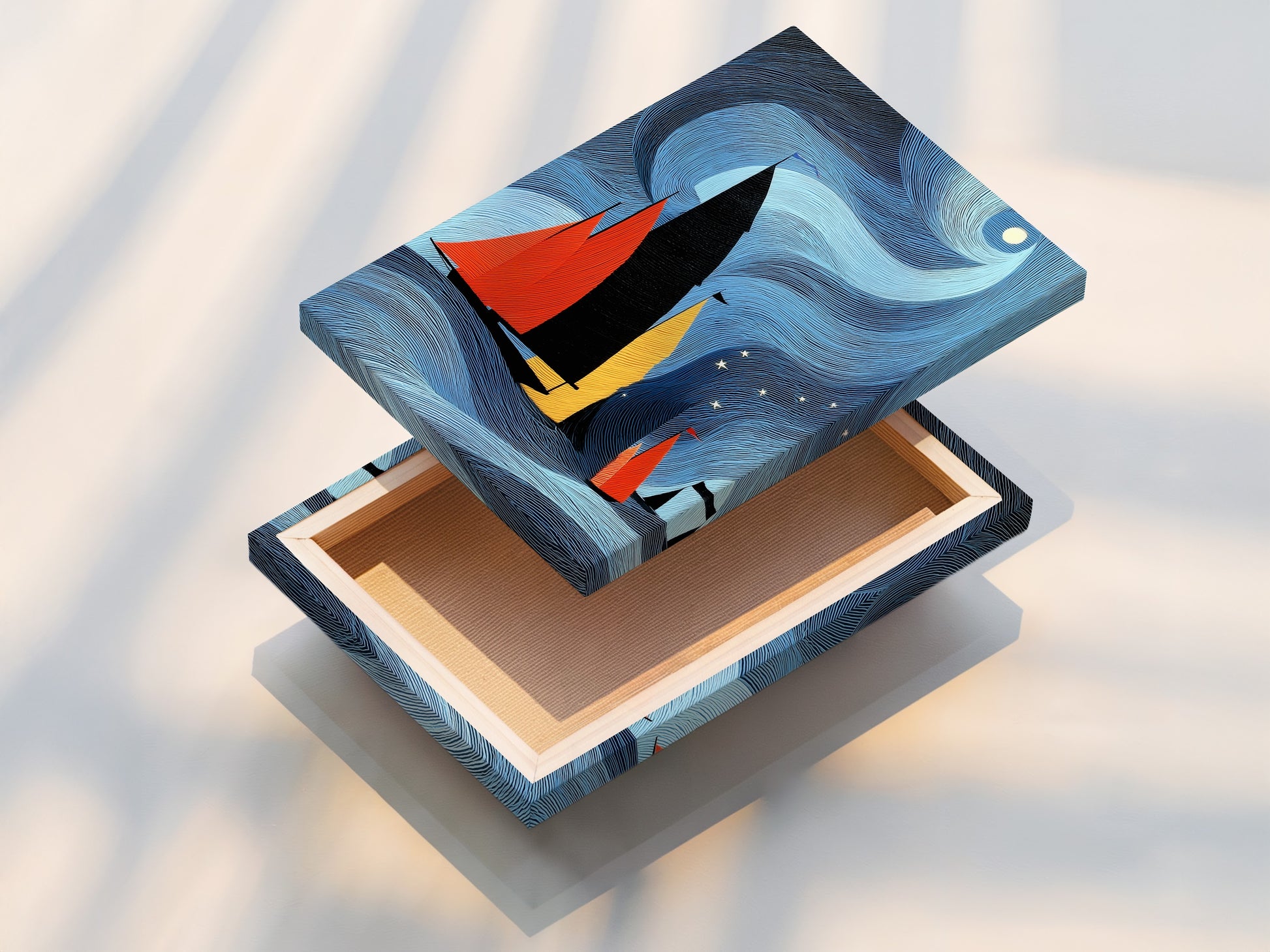 A beautifully stretched canvas print of a sailboat artwork. The nautical art features vibrant colors and abstract elements bringing a touch of the sea to your home. This stretched canvas is ready to hang adding instant coastal decor.