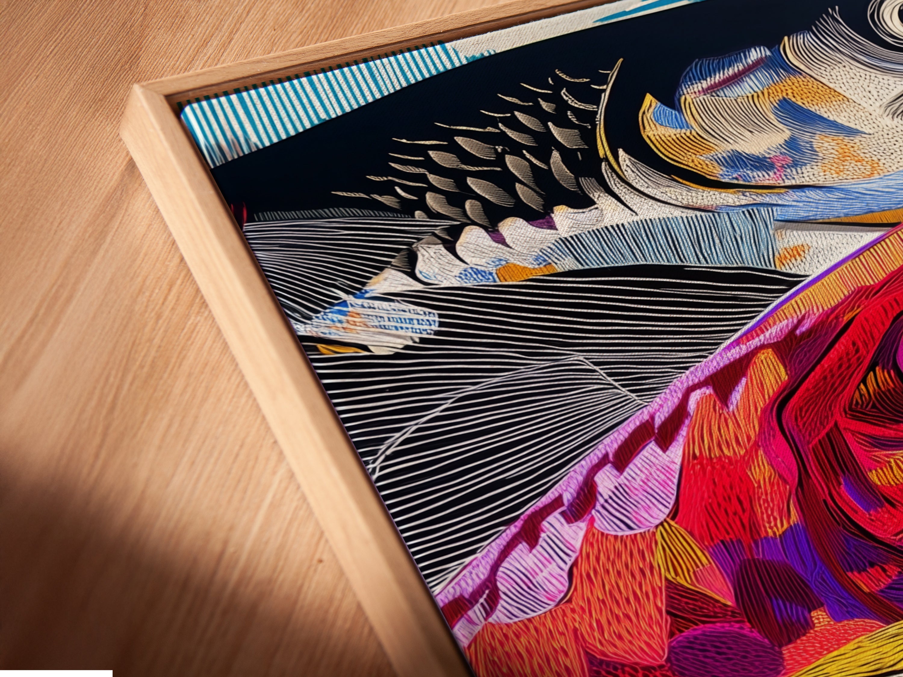 An angled close-up shows a canvas print in a floating frame. The colorful fish artwork is a modern marine life masterpiece. Notice the abstract ocean wildlife poster. It makes a statement in any room. Perfect for kitchen decor and coastal themes. The floating frame adds a contemporary touch to this vibrant artwork.