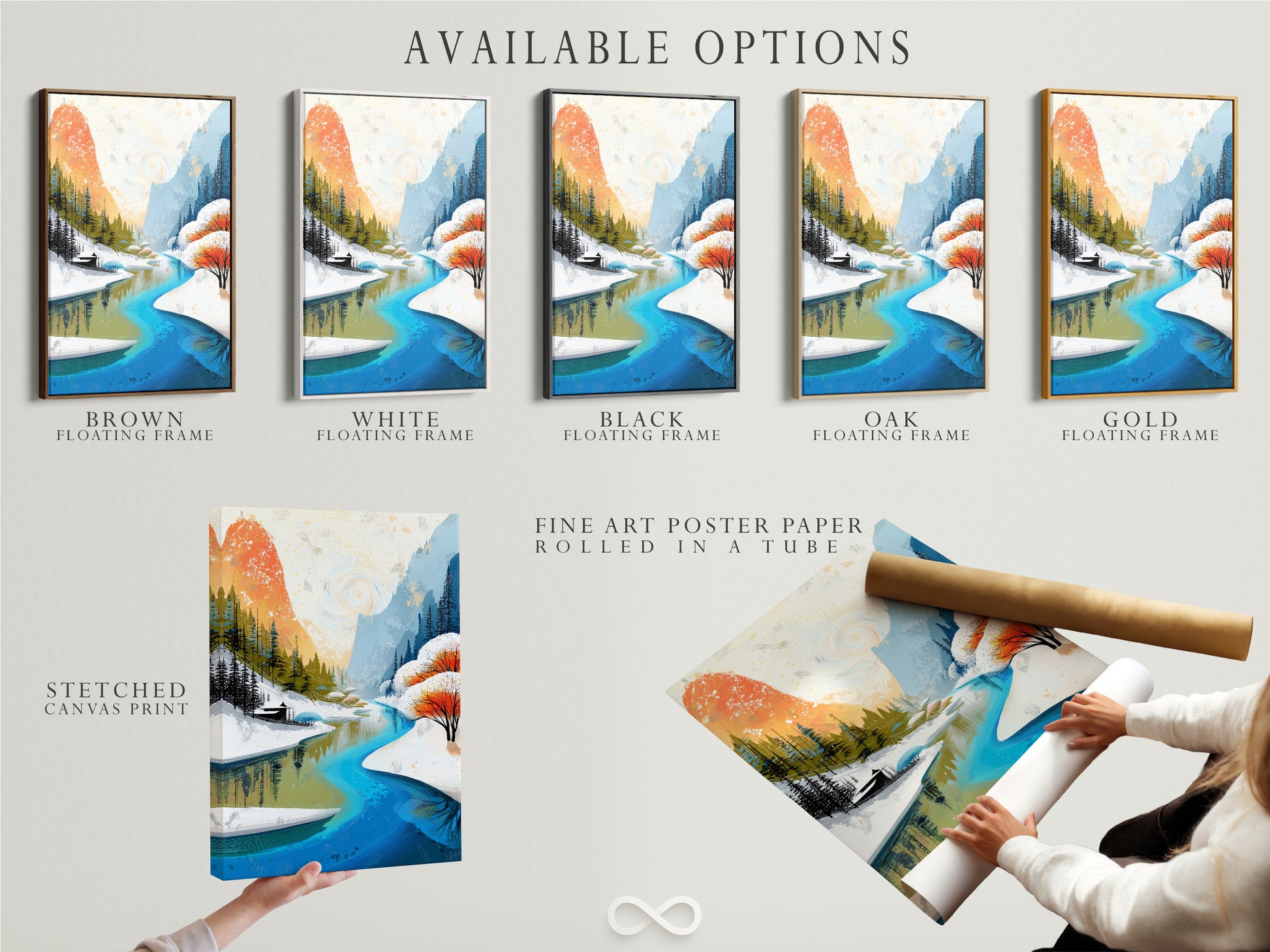 Explore the available options for this winter mountain river artwork. Choose from a stretched canvas print fine art poster paper or floating frame. The teal and orange nature scene is versatile. Find the perfect format to match your style and space. Transform your home with our exquisite art.