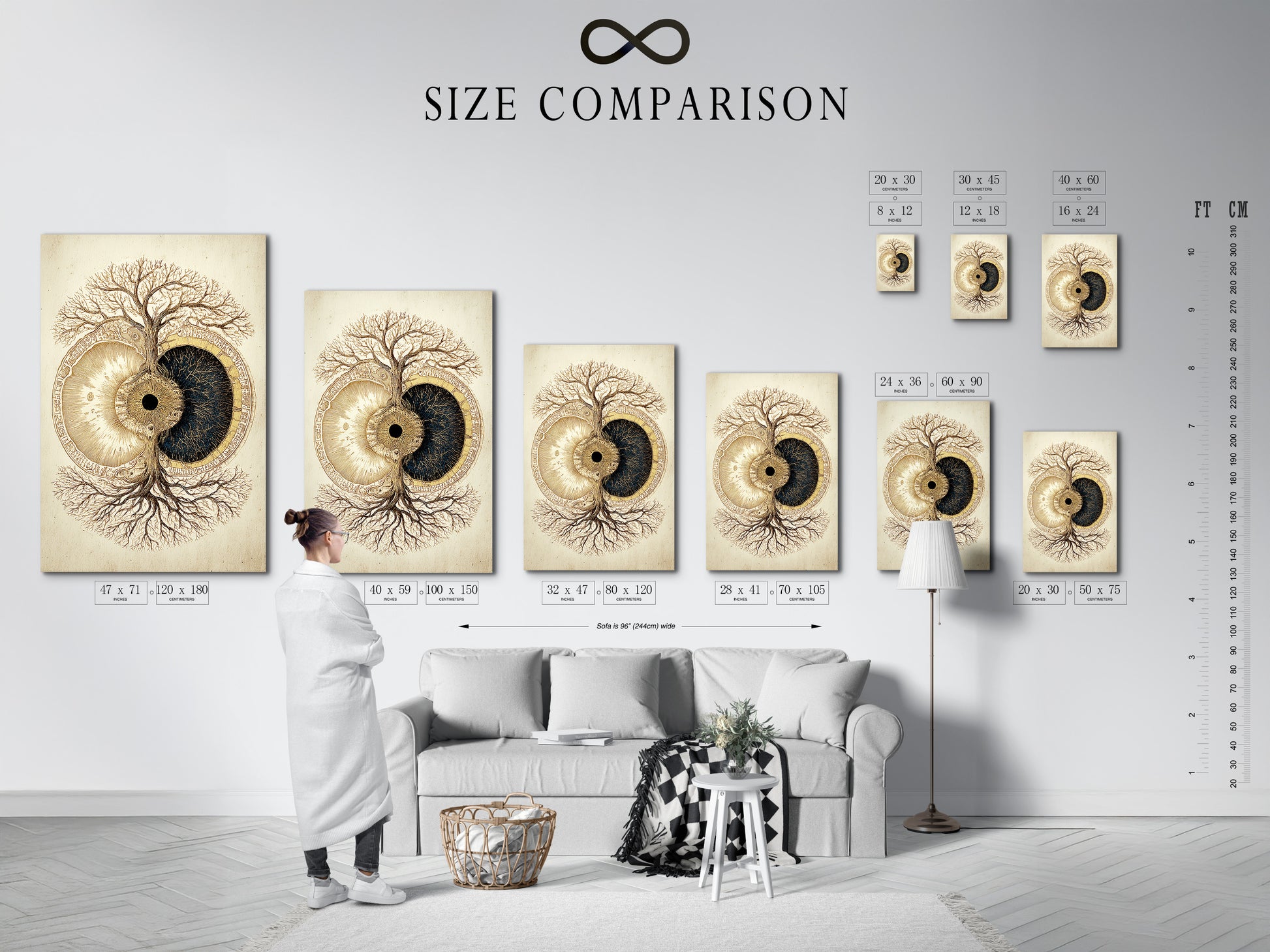 Size comparison chart in an interior setting. The chart helps visualize art sizes. It shows how art fits in a room. The artwork features a tree and eye artwork. The chart is useful for planning your space. It helps you choose the right size. The room is well decorated.