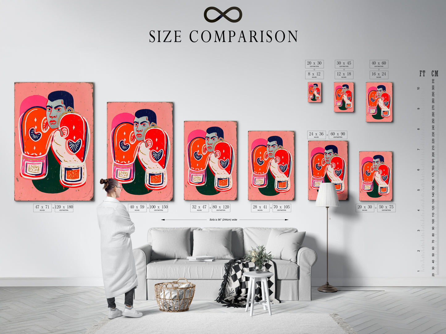 Size comparison chart in an interior setting. The chart displays the available sizes for the boxing legend artwork. See how the retro pop art canvas print looks in different dimensions. Plan your gym decor or man cave art.