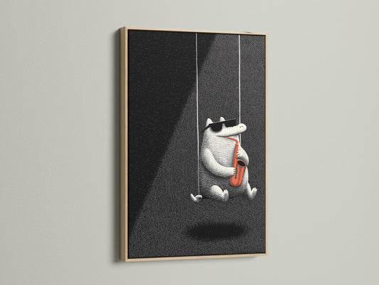 A close-up of an oak framed canvas print. The artwork features a cartoon alligator playing a saxophone. The oak frame enhances the art's natural tones. Perfect for adding character to your space.