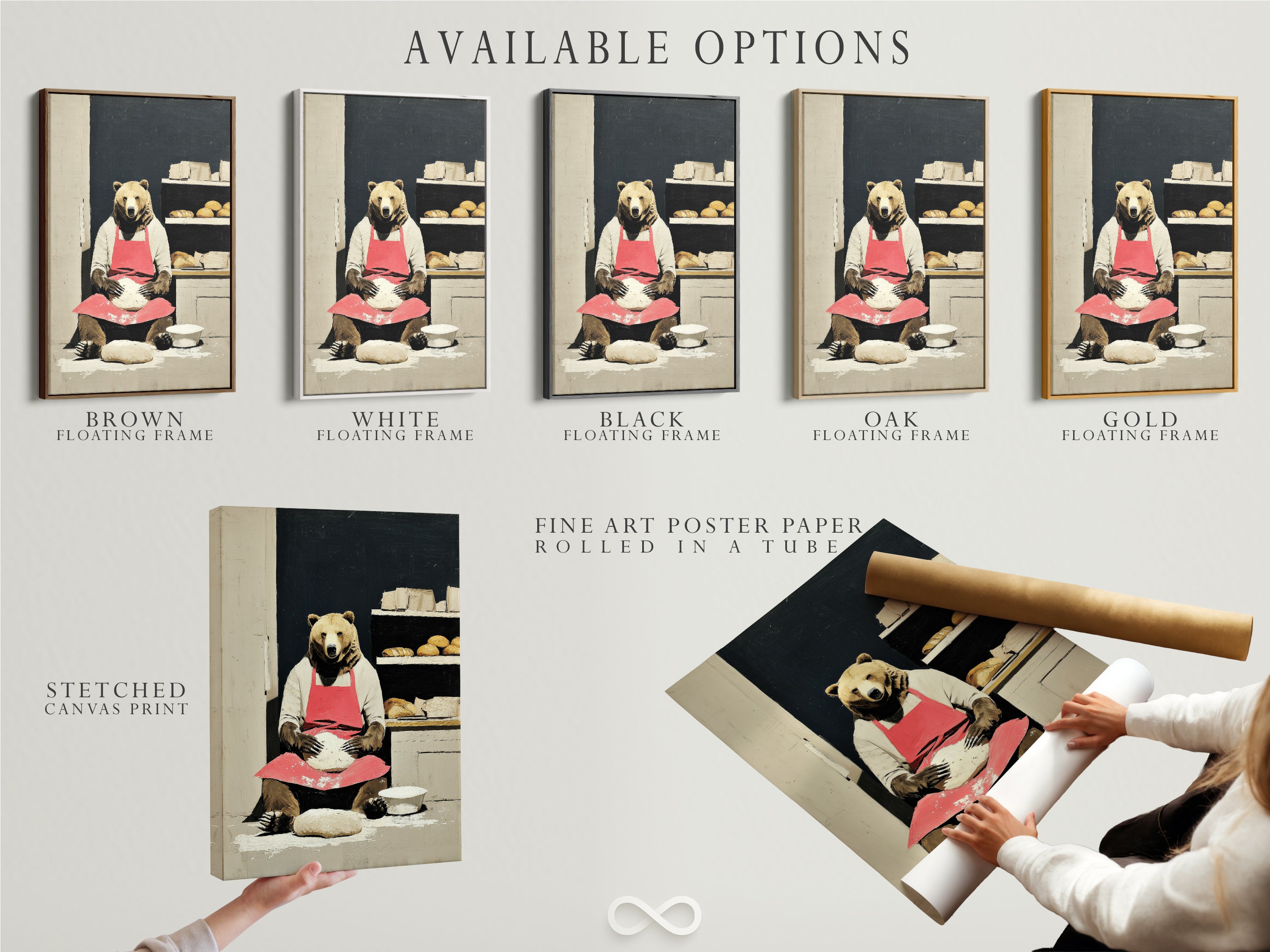 Explore available options for the bear baker artwork. Choose from a stretched canvas print. Fine art poster paper or a floating frame. This whimsical piece is perfect for kitchens and cafes. Customize your perfect piece today.