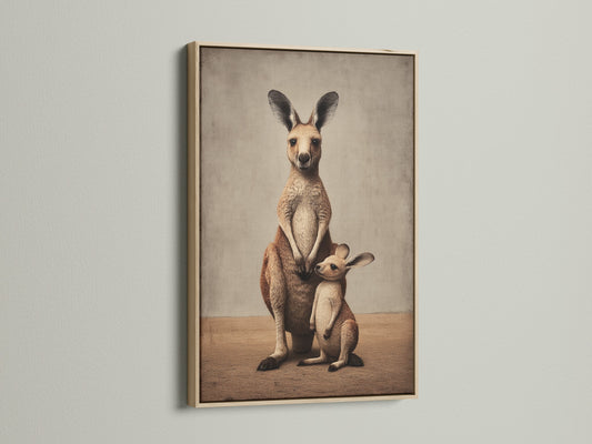 Kangaroo family art. This wildlife canvas print is displayed in an oak frame. The warm tones enhance bohemian and rustic decor. It's ideal marsupial art for a cozy home.