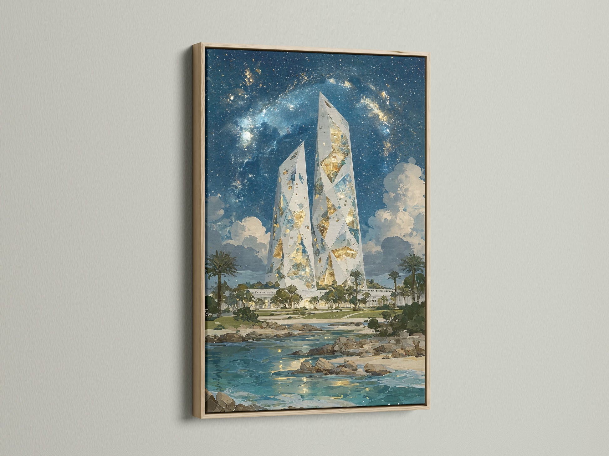 Crystal Tower art is framed in oak. The sci-fi canvas print brings a modern aesthetic. Perfect for homeowners renters and interior designers. Elevate your space with this futuristic wall decor today.