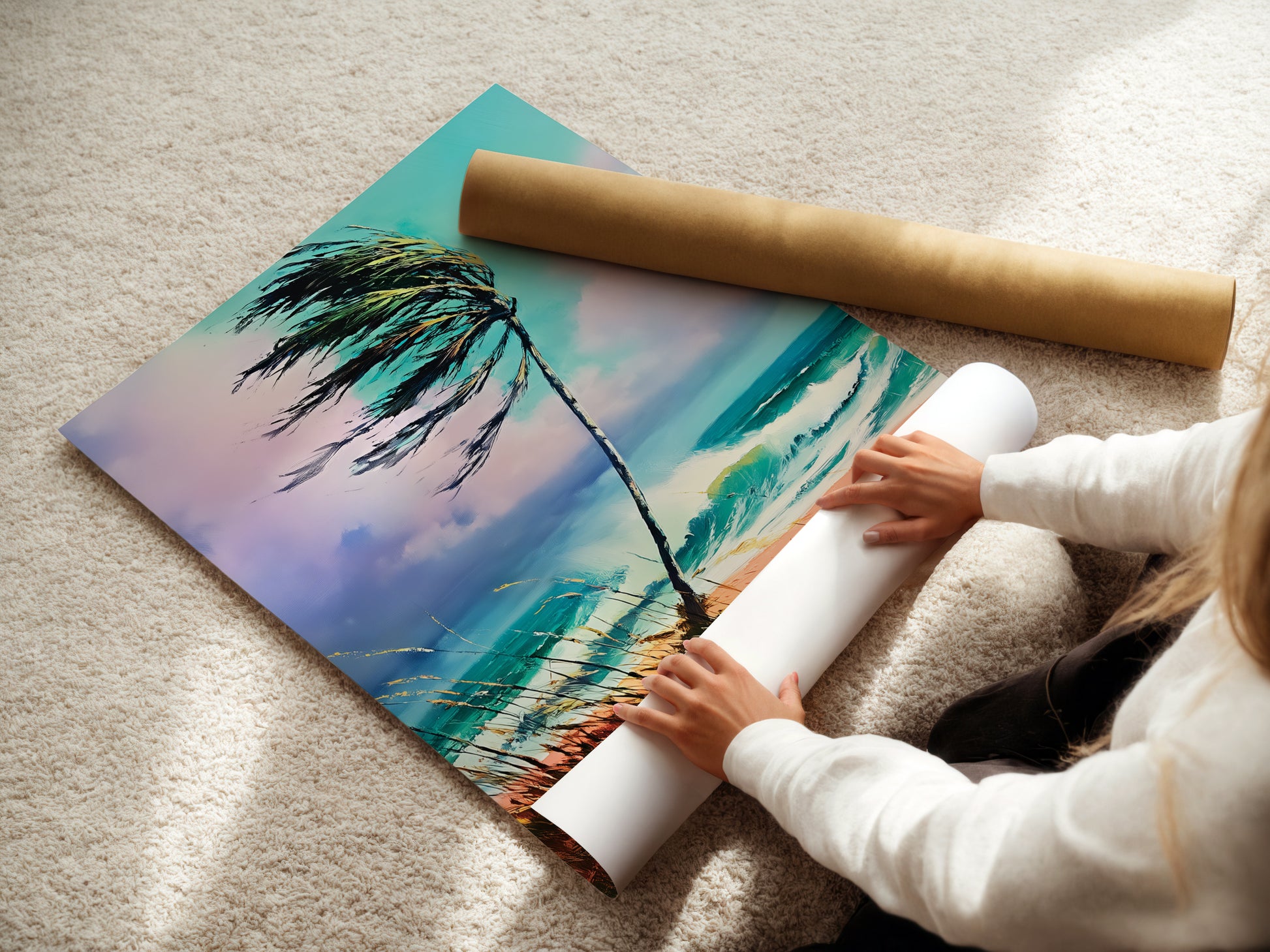 A woman is carefully rolling a fine art poster paper of coastal artwork. The artwork depicts a palm tree and a turquoise seascape. This high quality print is perfect for framing. It provides a beautiful touch to any room.