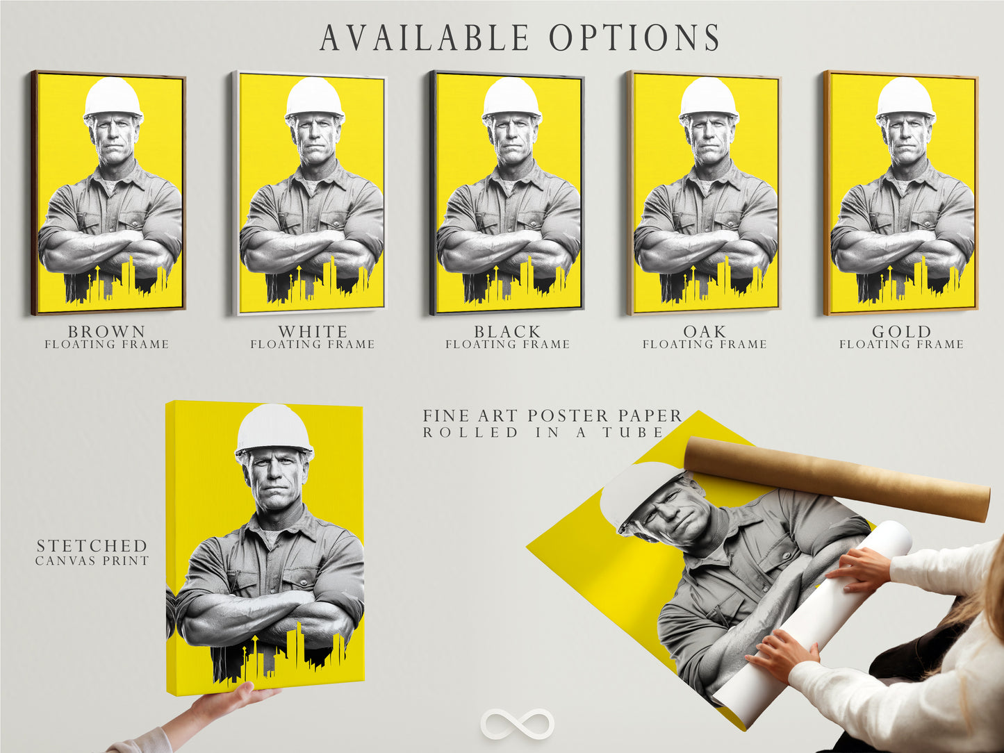 Available options for the Construction Worker artwork. Choose between a stretched canvas print fine art poster paper or a floating frame. The architect print is a perfect gift for engineers. Modern canvas art is yellow wall art. Office wall decor worker artwork.