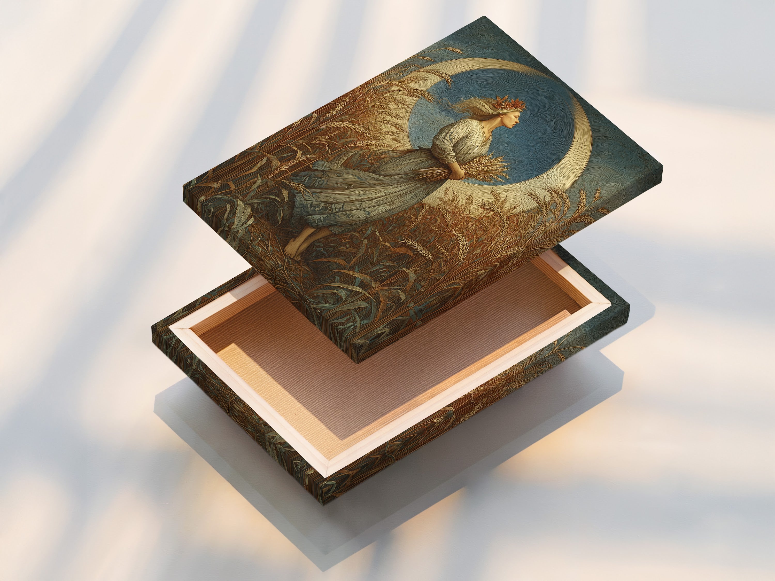 View of a stretched canvas print. The canvas is tightly stretched for a smooth surface. This print is ready to hang and enjoy. The stretched canvas enhances the artwork's texture. Experience art in high definition on canvas.