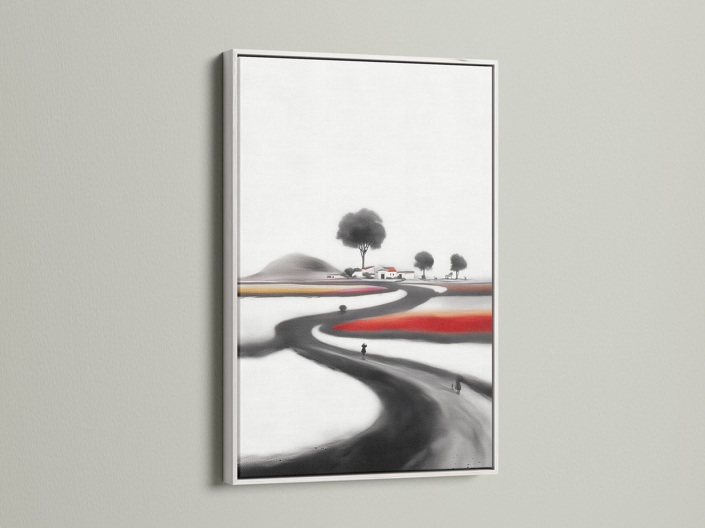 Ink Wash Landscape artwork in a white frame. This minimalist art features Asian-inspired elements. It creates a serene neutral wall art display. The white frame complements the calm art print. Perfect for adding a touch of zen to your space.