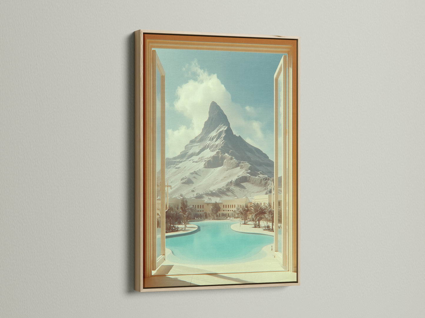 Oak frame featuring mountain view artwork. This piece creates an open window effect to a desert oasis. Ideal for living room wall art or bedroom decor. This travel scenery print adds vacation vibes to any space. Bring scenic artwork into your home.