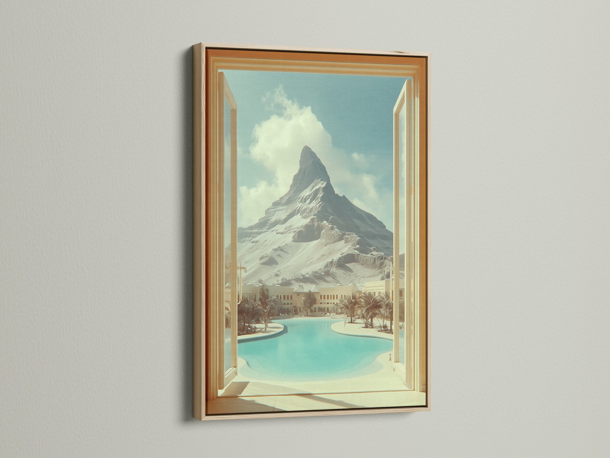 Oak frame featuring mountain view artwork. This piece creates an open window effect to a desert oasis. Ideal for living room wall art or bedroom decor. This travel scenery print adds vacation vibes to any space. Bring scenic artwork into your home.