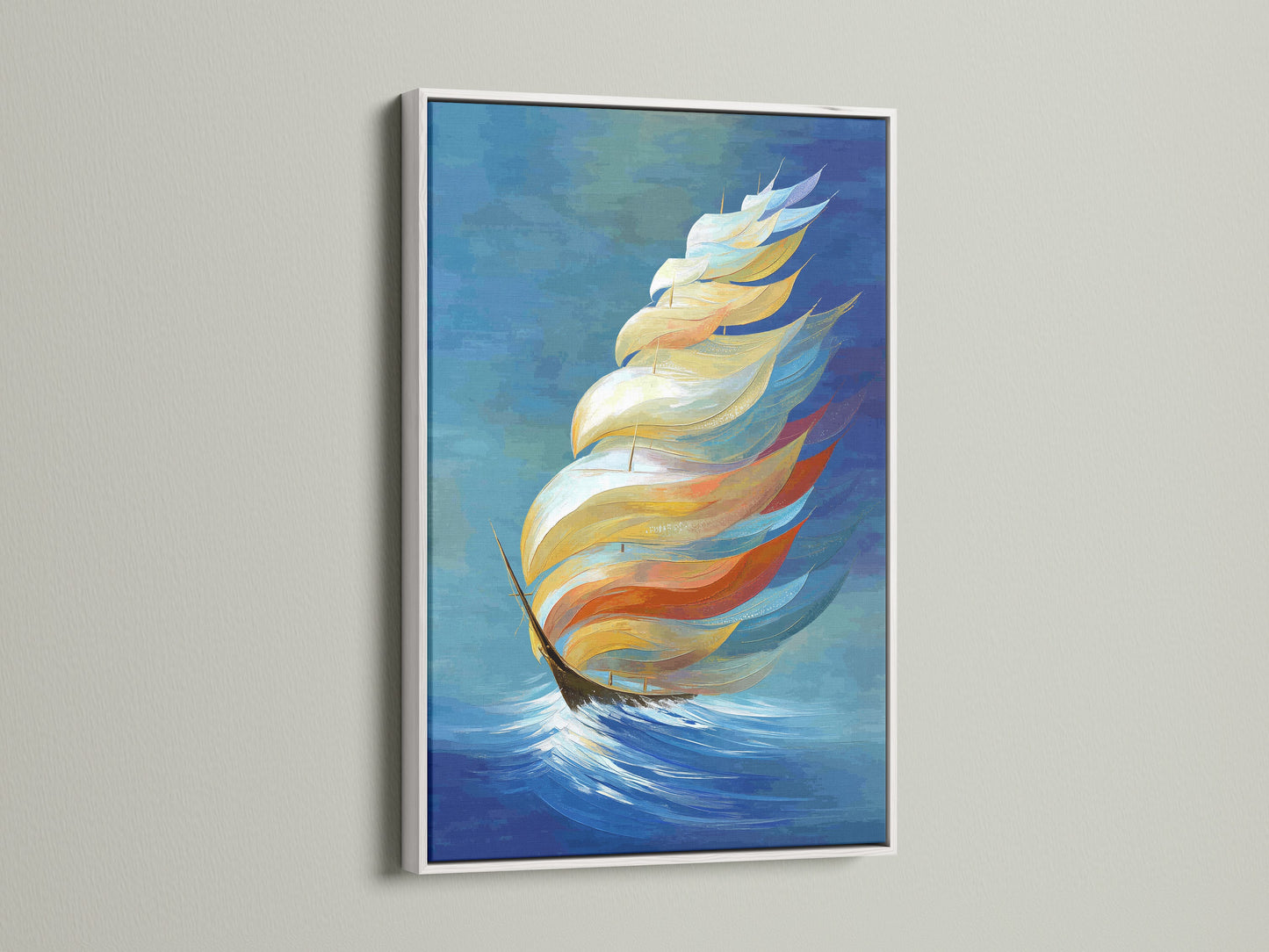 Abstract sailboat artwork is showcased in a white frame. The coastal wall art brightens up the room. A white frame enhances the artwork's navy blue and gold colors. This nautical print is ideal for modern interiors. It provides a fresh ocean theme to your home decor.