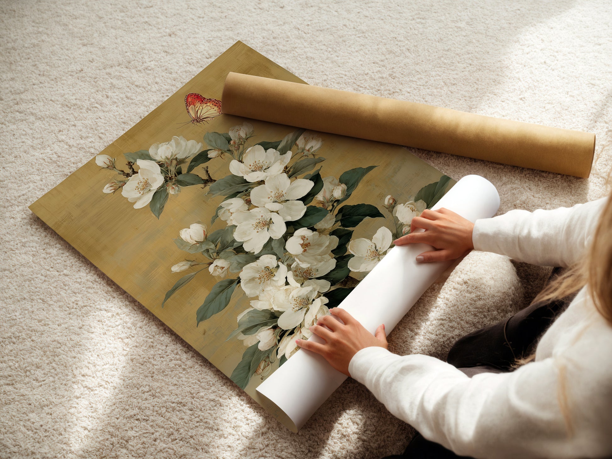 Woman carefully rolling a fine art poster paper print. The print showcases a vintage botanical artwork with white flowers. This is a high-quality reproduction ready for framing. Perfect for adding a touch of nature to your home decor or office.