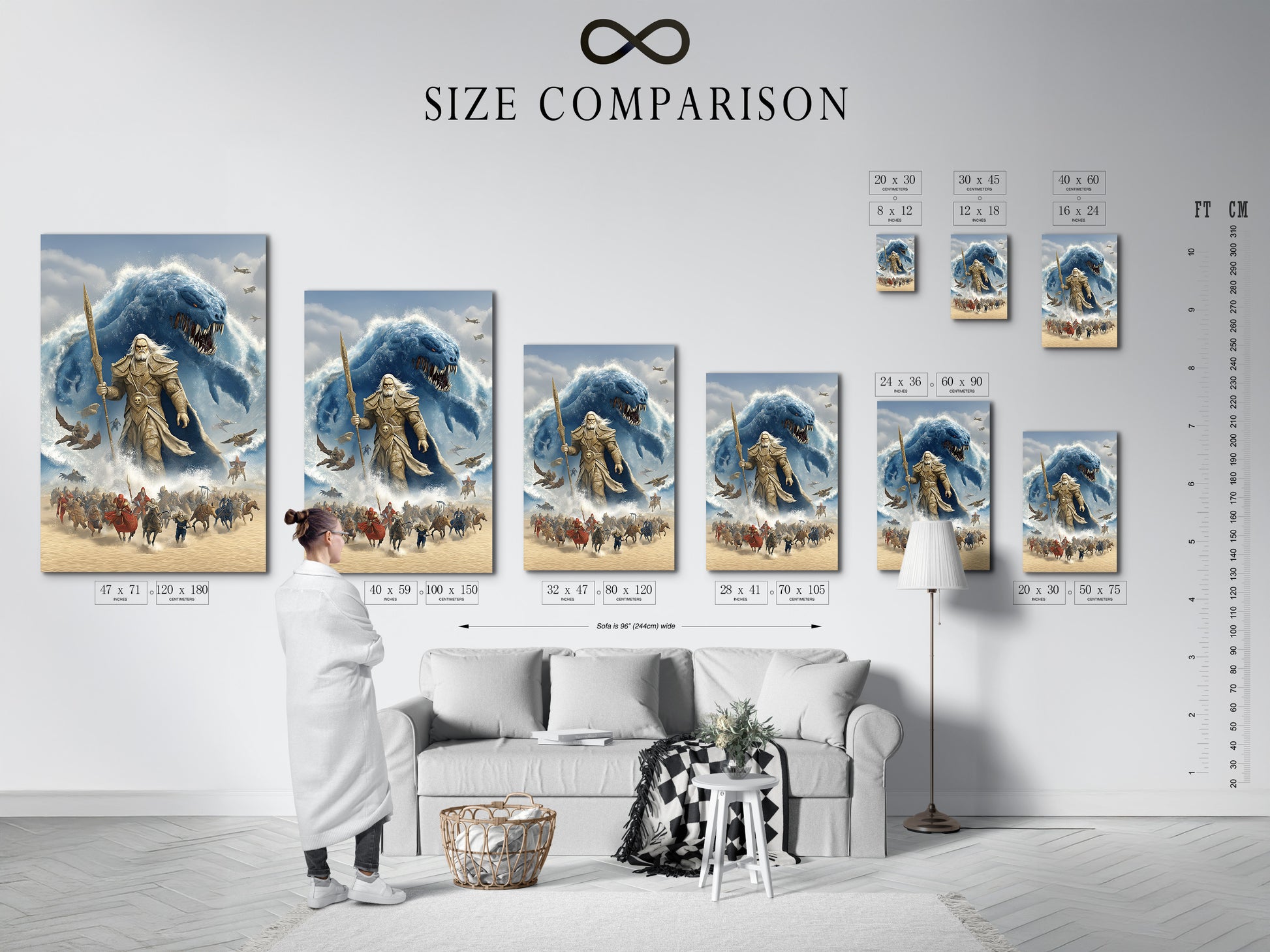 A size comparison chart in an interior setting. It showcases the available sizes for the Norse Mythology Wall Artwork. The artwork is a Poseidon Sea God Canvas Print. Visualize the perfect fit for your space with this helpful guide.