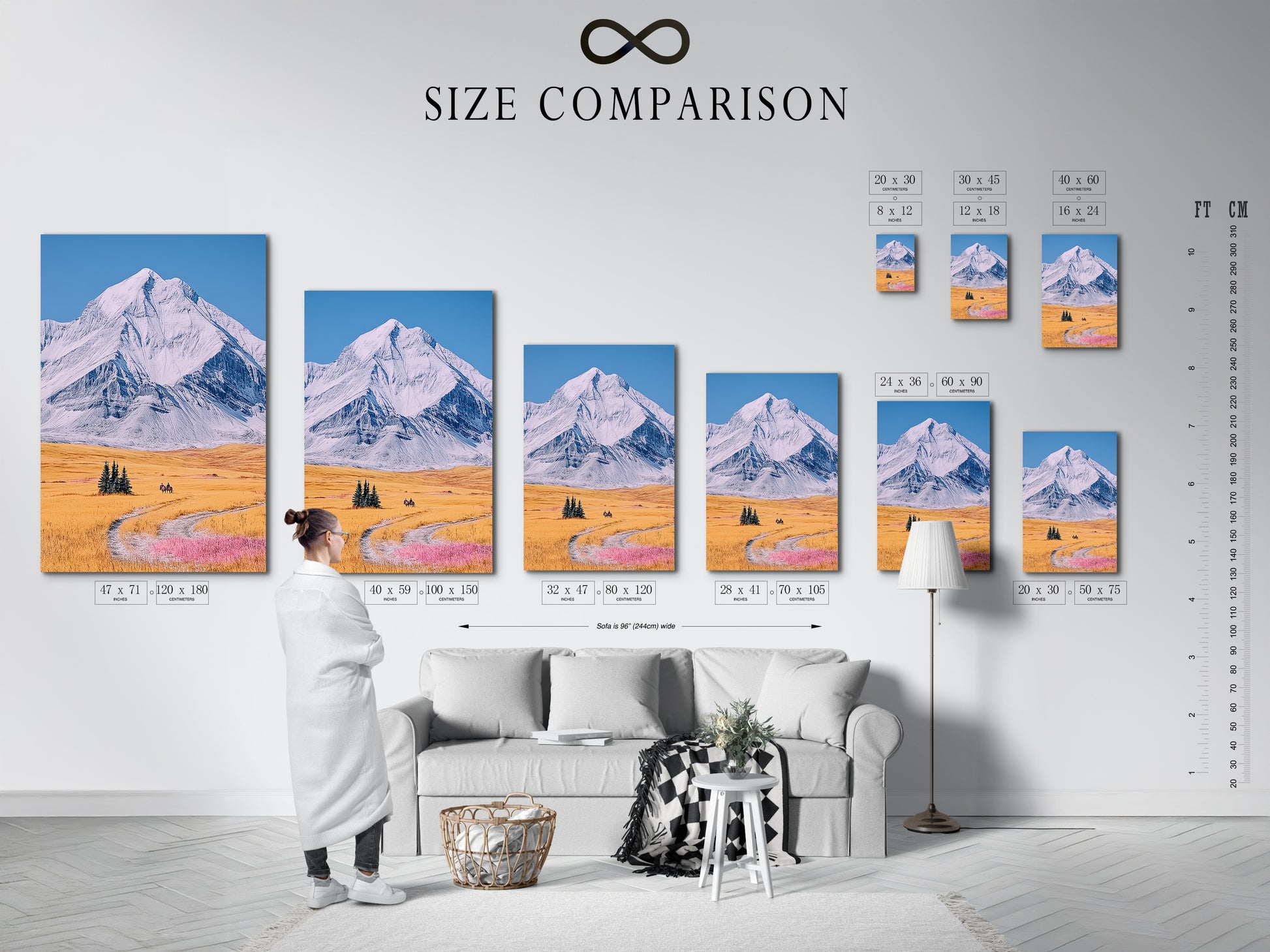 This is a size comparison chart displayed in an interior setting. The chart helps visualize the artwork's dimensions. It shows how the piece fits in different spaces. The mountain canvas is available in various sizes. This allows customers to choose the perfect fit. The rustic wall decor enhances any room.