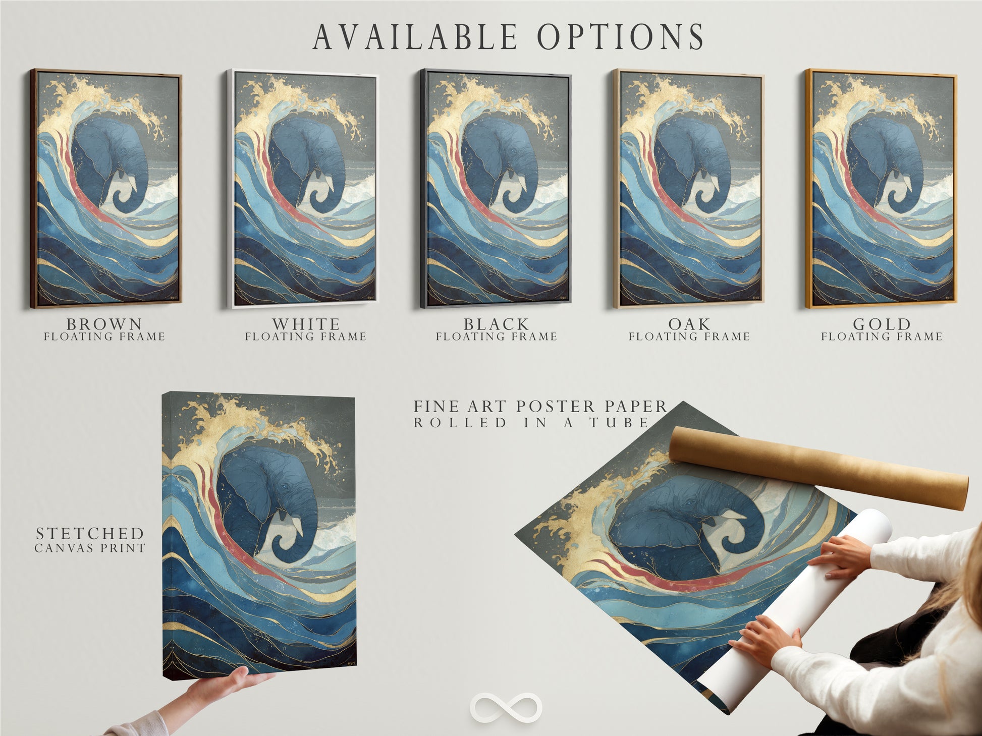 Explore the available options for the elephant and wave artwork. Choose from a stretched canvas print a fine art poster paper print or a floating frame option. Find the perfect style to complement your home or office decor today.