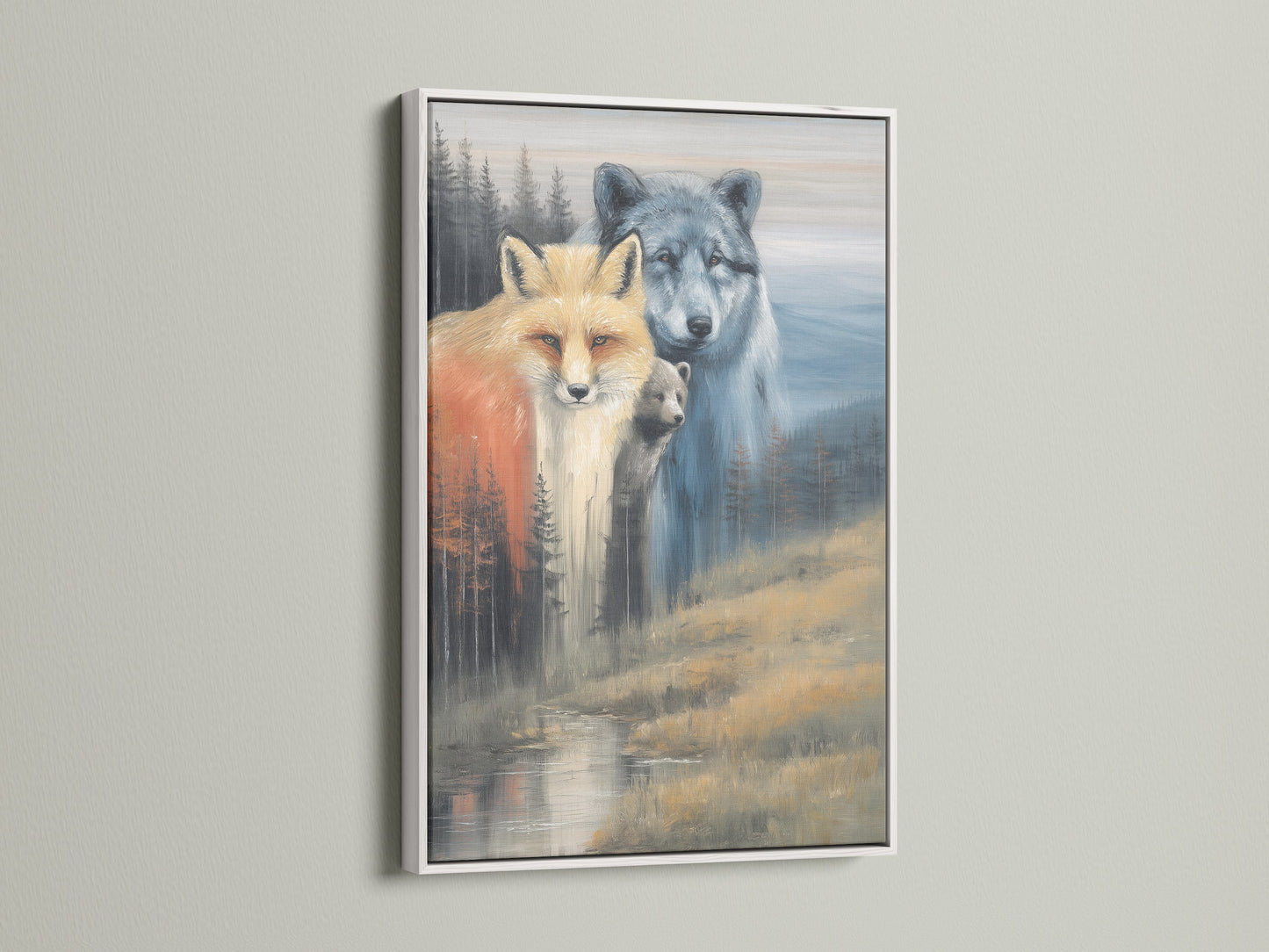 Fox wolf and bear wildlife artwork displayed in a white frame. Ideal for a modern touch to your cabin wall decor. Explore our selection of forest animal art today.