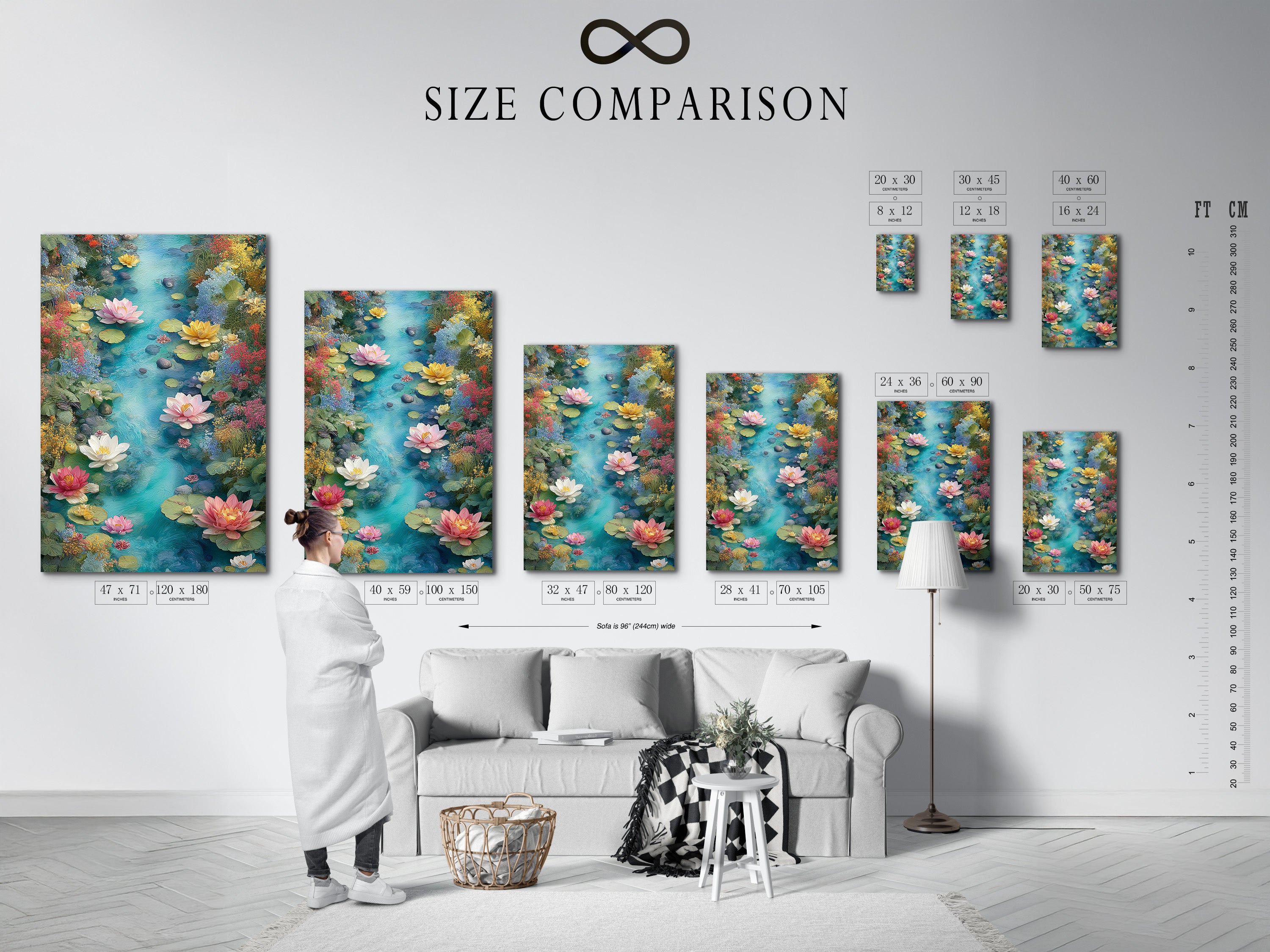 A size comparison chart in an interior setting shows the various sizes. See how the Water Lily Canvas Print fits perfectly in any room. Choose the ideal dimensions for your botanical wall art needs.