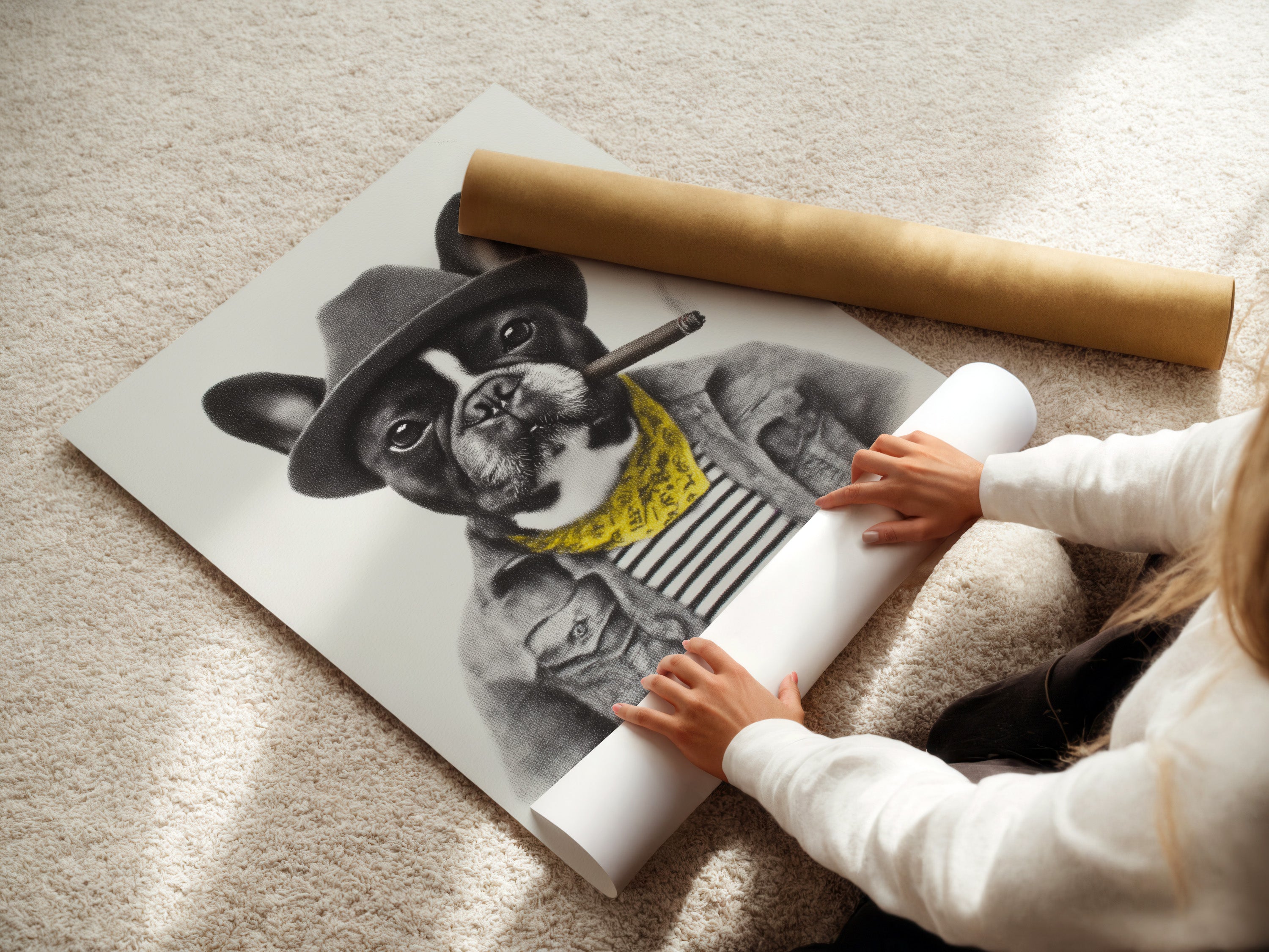 A woman carefully rolls a fine art poster paper. The French Bulldog art print is about to be framed. This ensures your vintage animal art arrives in perfect condition. Get ready to display your new quirky wall art. It's perfect for office decor.