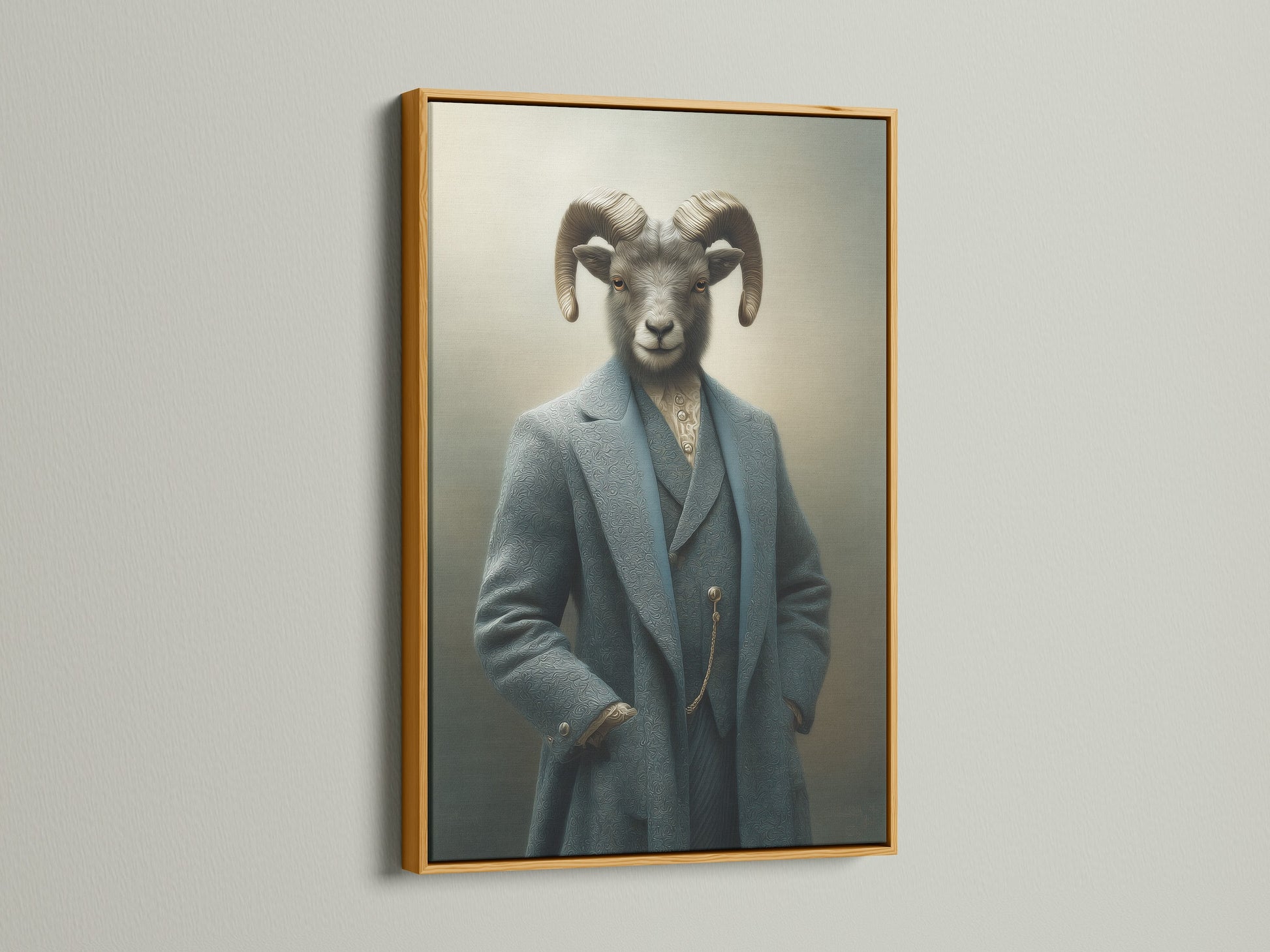 Ram Portrait canvas print in a gold frame. This artwork is ideal for those seeking unique and sophisticated wall decor. This gentleman portrait wall art fits vintage eclectic or office styles. It is a great conversation starter.