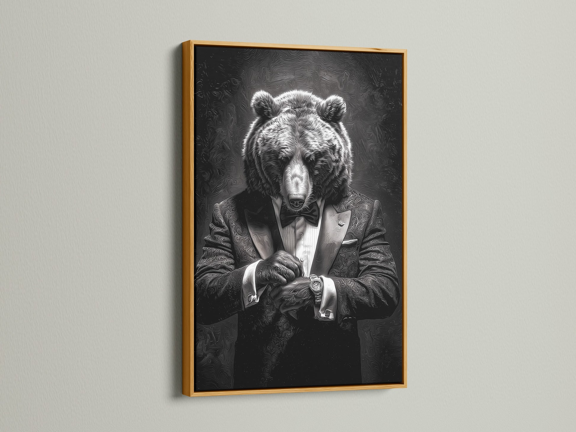A stunning artwork of a bear in a tuxedo is presented in a luxurious gold frame. The artwork is displayed on a wall. The gold frame brings a touch of glamour and opulence. It enhances the art's visual appeal. Discover our range of gold framed art to elevate your interior decor with a touch of luxury.