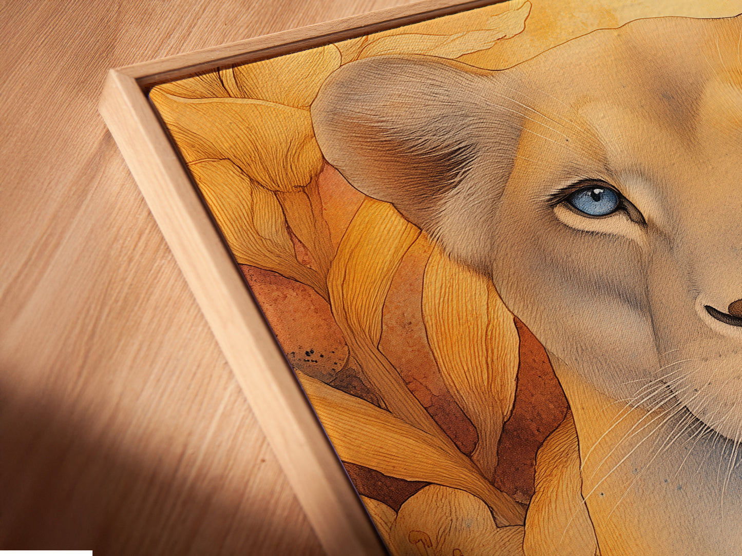 A close-up of Lioness Portrait Canvas Art. The artwork is displayed in a floating frame. This contemporary art piece is perfect for any room. The floating frame adds a touch of elegance. Discover this unique piece of wildlife art today