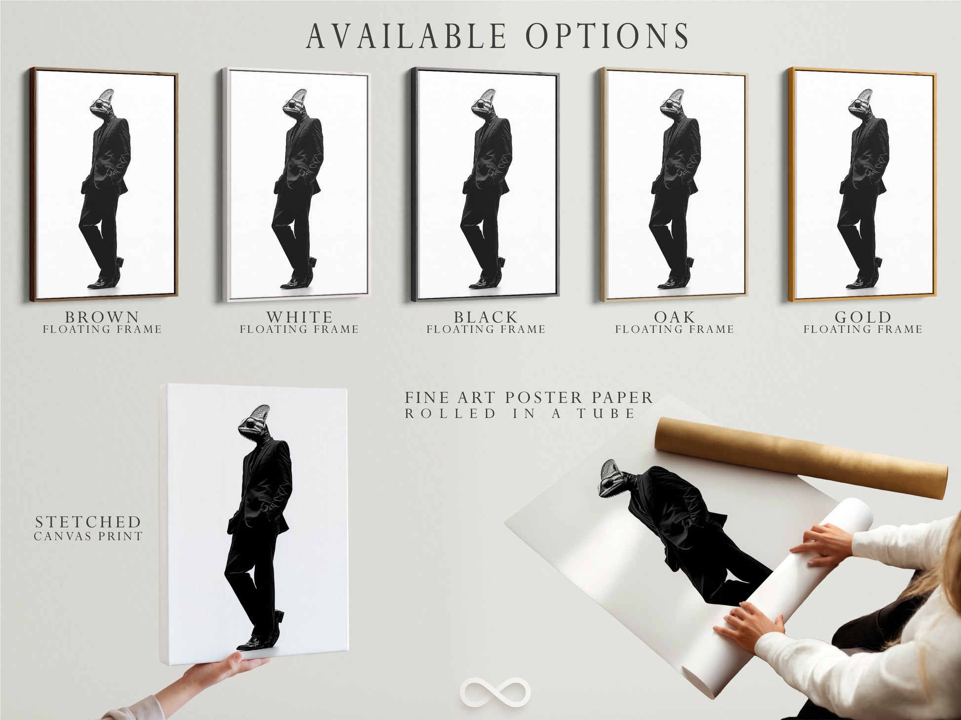 Explore our available options: stretched canvas print fine art poster paper and floating frame. Choose the best format for your art. Each option offers a unique look. Customize your artwork to match your style. Discover the possibilities today.