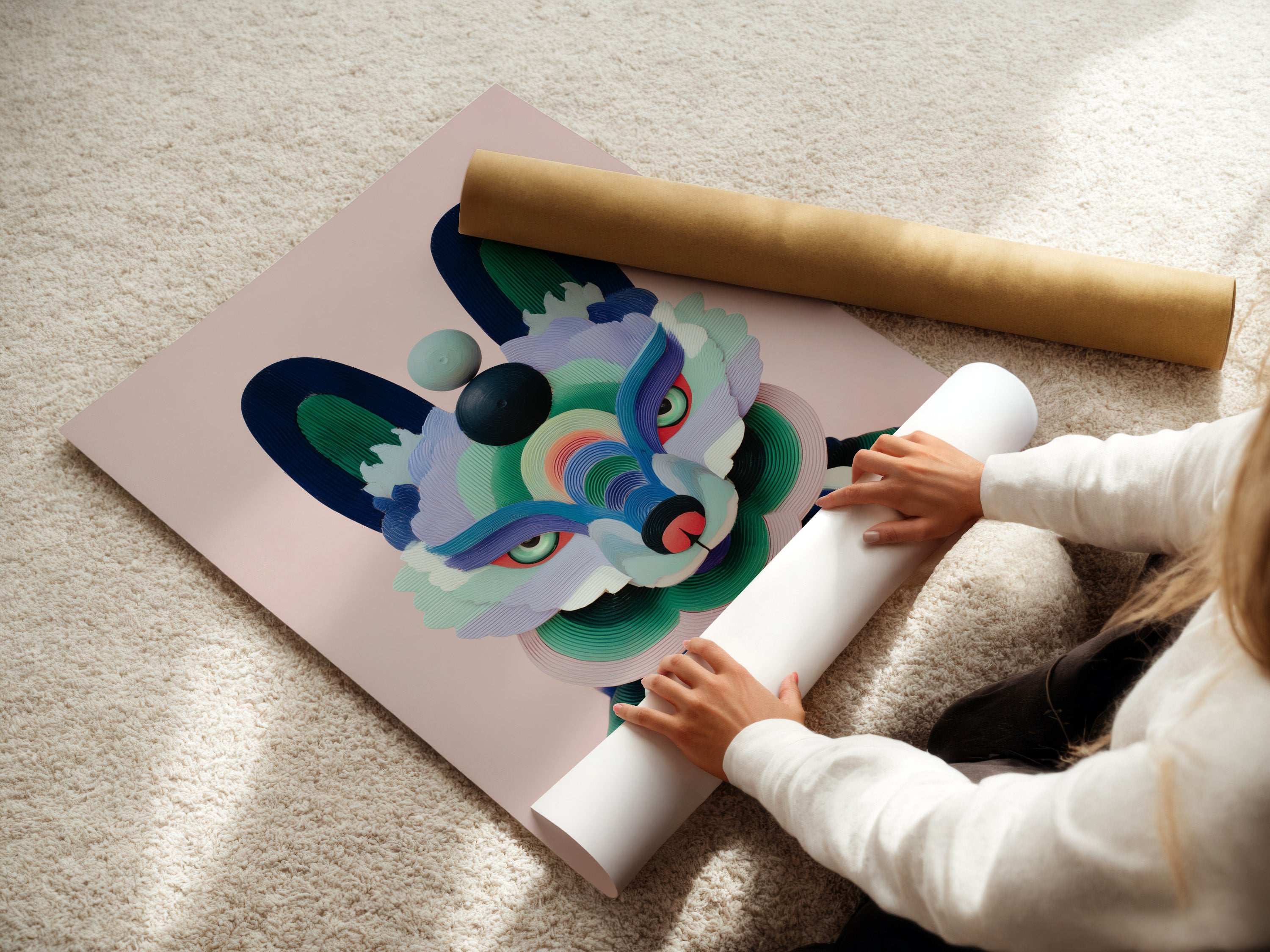 A woman is carefully rolling a fine art poster paper. The geometric fox artwork is being prepared for display. This ensures the modern animal art arrives in perfect condition ready to brighten any space.