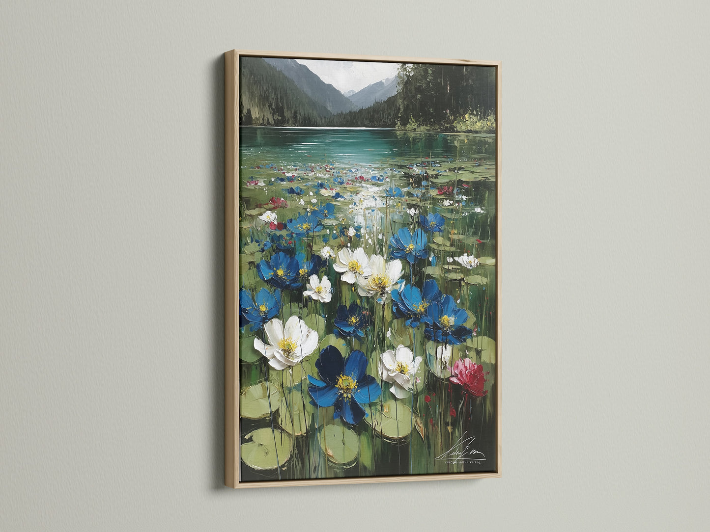 Floral Lake canvas artwork featuring an oak frame. The oak frame enhances the nature canvas. The frame adds warmth and rustic charm to the serene landscape art.