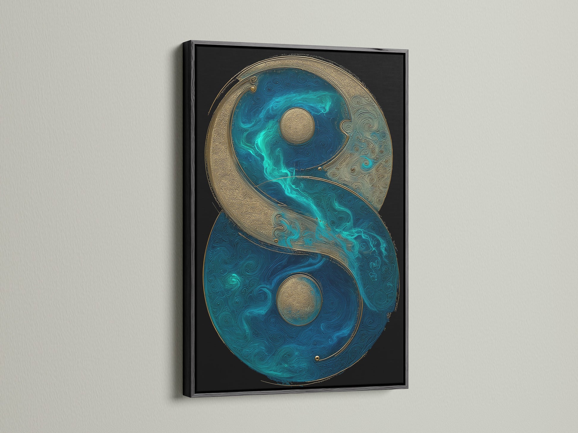 Zen balance symbol art in a black frame. The yin yang canvas features teal blue and gold elements. This spiritual wall art enhances any space. Great for meditation rooms or as feng shui art. A perfect mindfulness print for your home or studio.