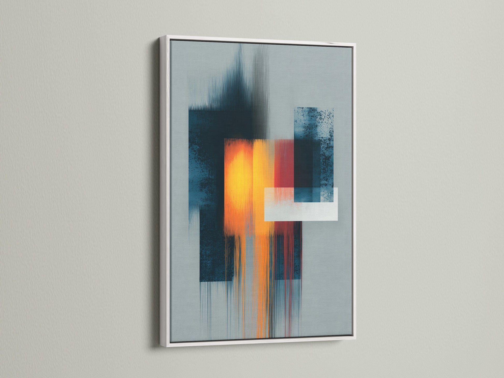 Modern abstract artwork in a white frame is mounted on a clean white wall. The contrast highlights the art's dynamic colors and shapes. White frames offer a fresh contemporary look. Elevate your space with framed art.