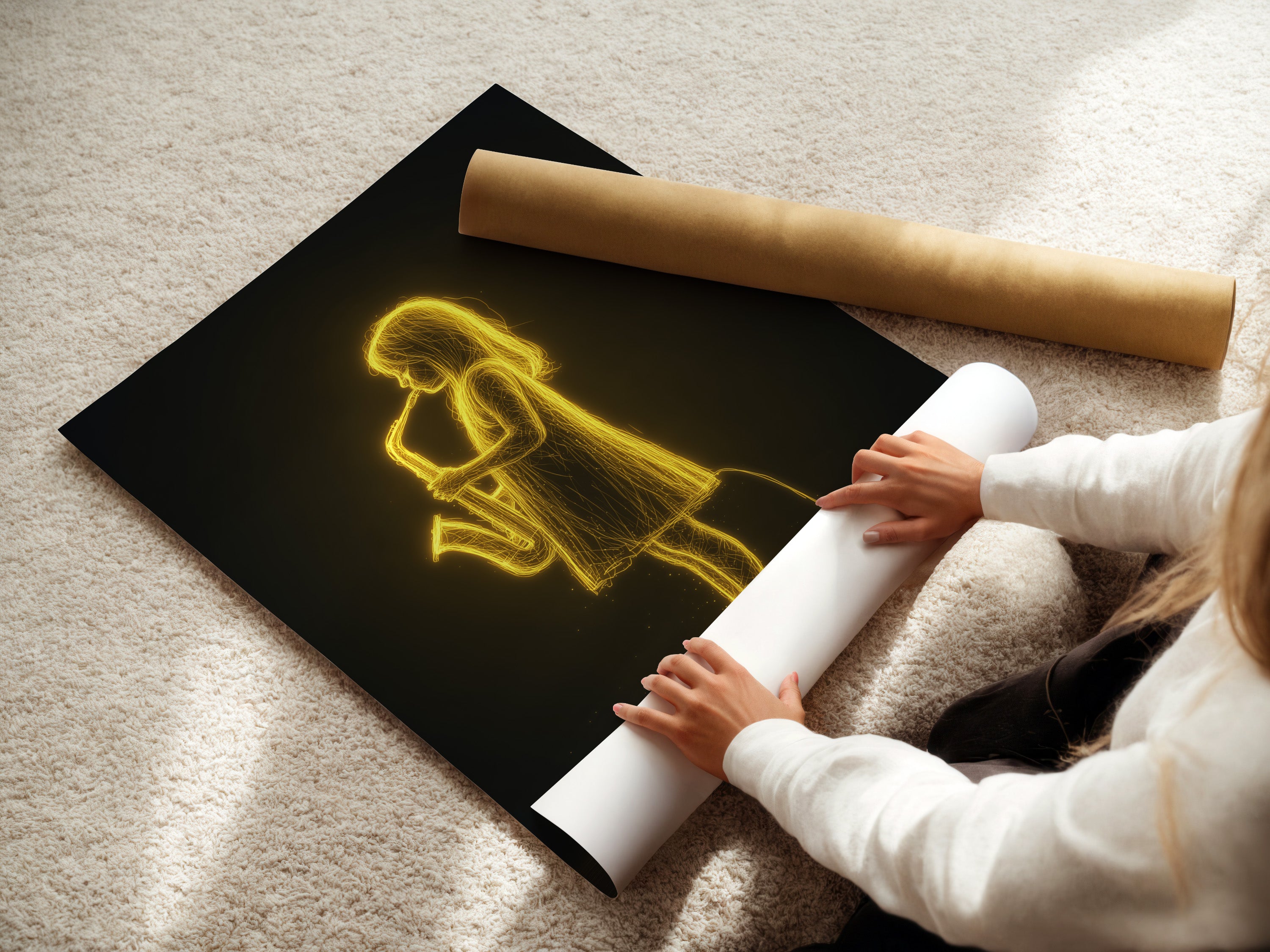 A woman is carefully rolling a fine art poster paper. This ensures your Saxophone Player artwork arrives in pristine condition. High quality materials guarantee a lasting vibrant music canvas print. Ready to frame and enjoy