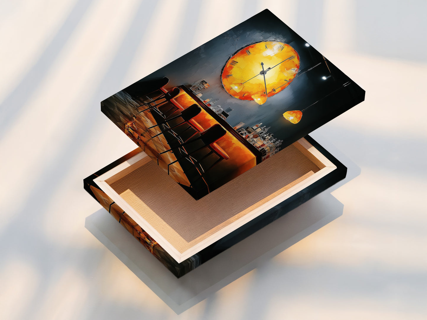 This stretched canvas print showcases the bar scene artwork. It is ready to hang and enjoy. The moody restaurant wall art is perfect for your home. It features a captivating abstract clock artwork.