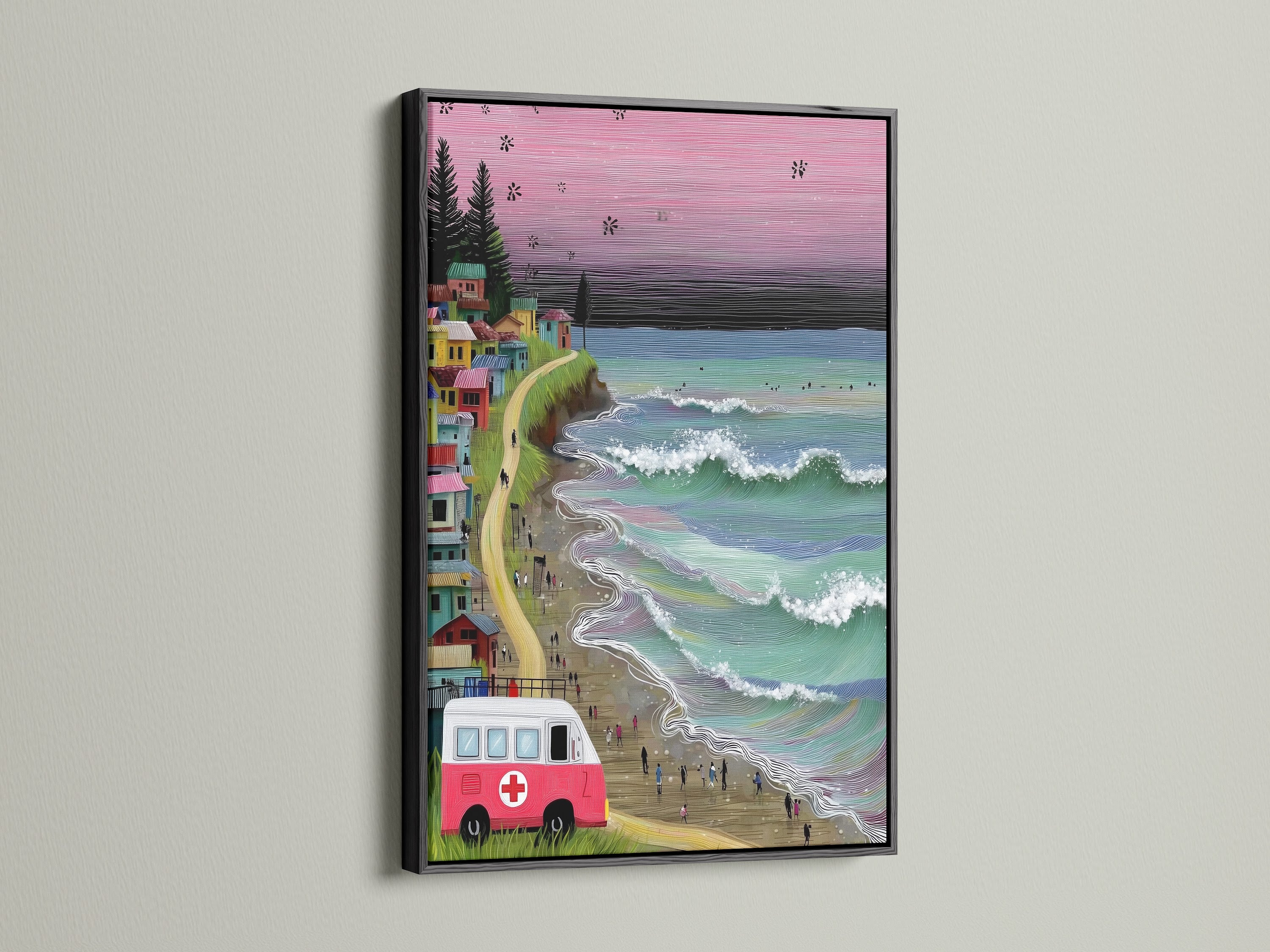 Coastal village art showcased in a sleek black frame. This beach wall art features a vintage van and serene ocean waves. The artwork's whimsical details stand out. The black frame adds a modern touch. Perfect for any room seeking coastal charm.