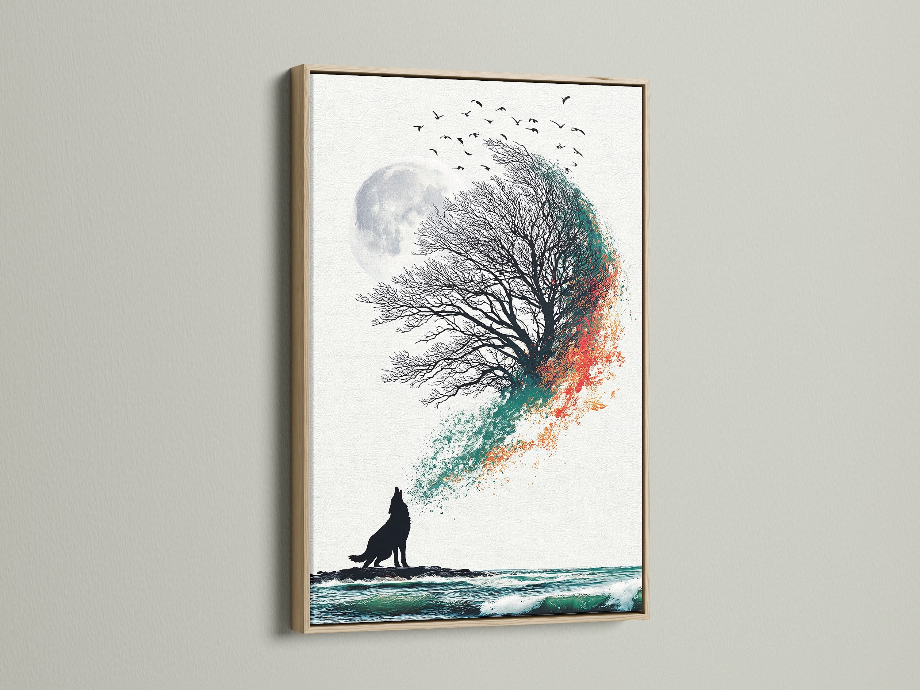 Showcasing our wolf howling at moon artwork in a light oak frame. The piece combines a wolf silhouette a full moon and a tree of life design. It is ideal for adding a nature-inspired touch to any room. The teal and orange colors bring a coastal vibe to your home.