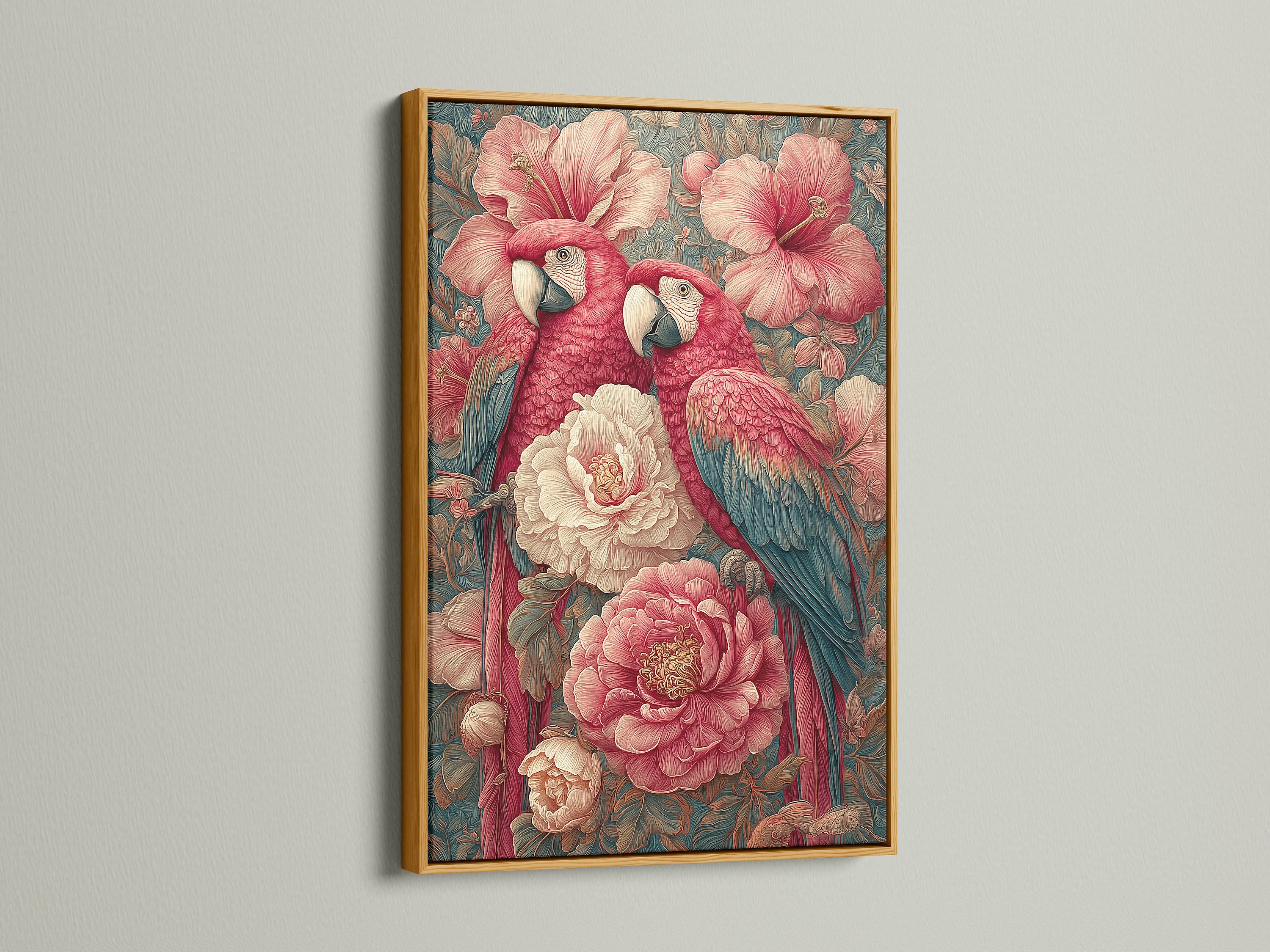 Tropical parrot artwork is displayed in a gold frame. This botanical print will add a touch of luxury to your home. The vintage bird art is perfect for bedroom wall art. This exotic bird print will enhance your home decor.
