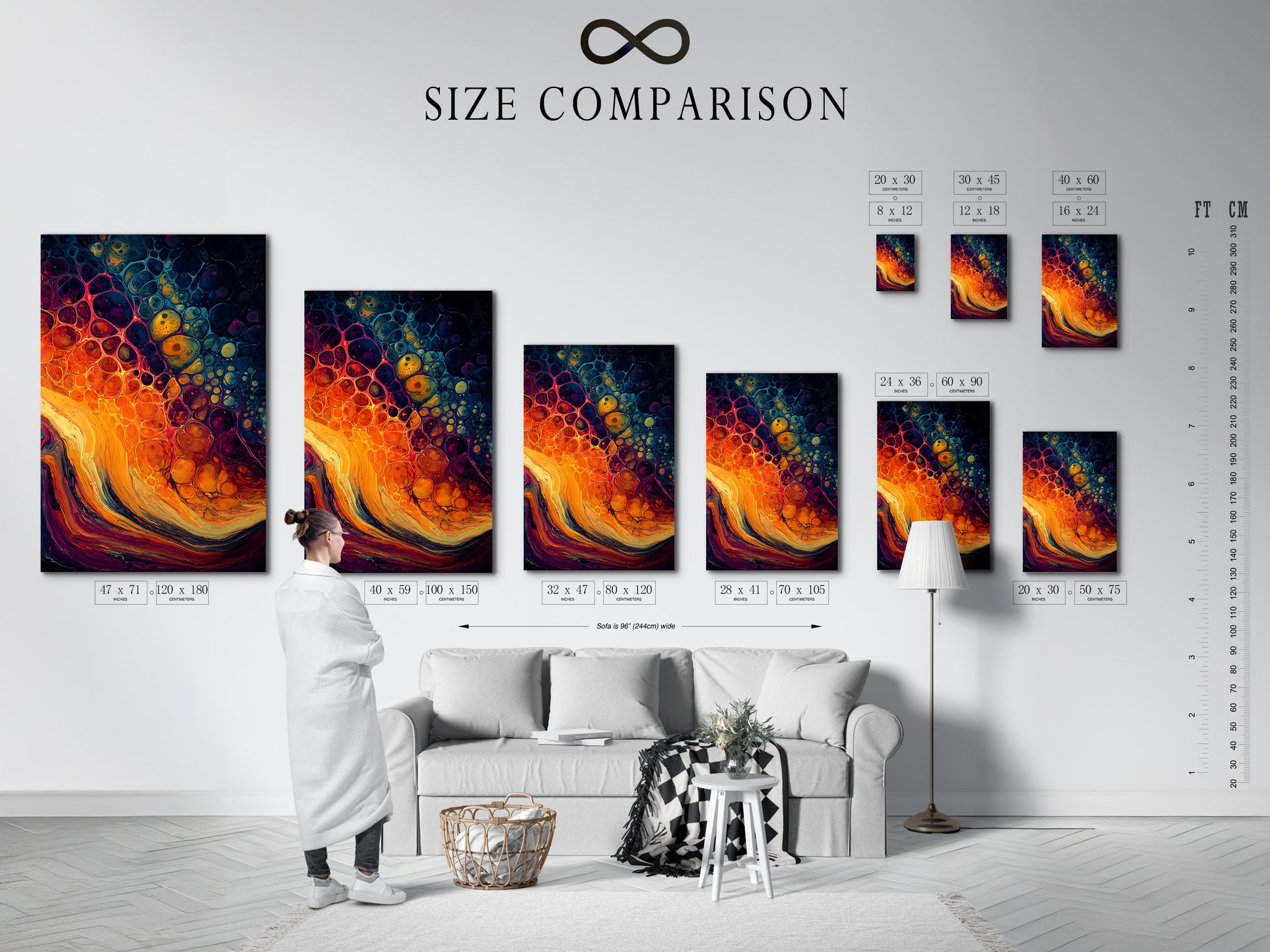 A size comparison chart in an interior setting. This chart helps visualize art dimensions in a room. See how different sizes fit your space. Plan your art arrangement. Find the perfect size for your wall. Get a feel for scale.
